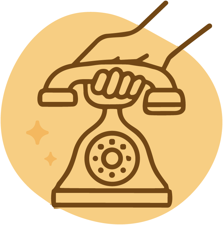Illustration of a vintage rotary telephone with a hand holding receiver, set against a circular background with small sparkles.