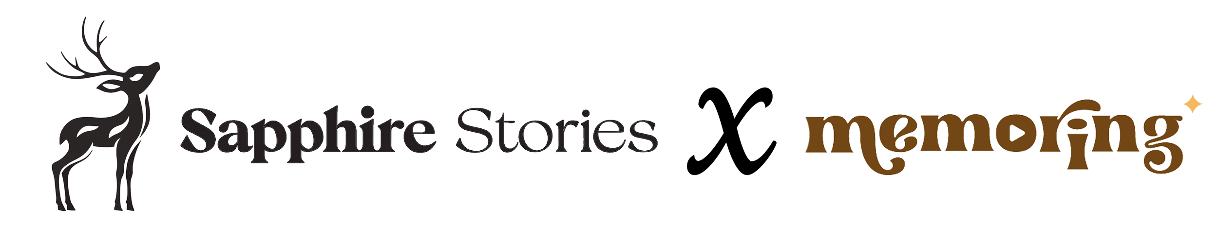 Logo with a black deer silhouette on the left, text reads 'Sapphire Stories' in black and 'x memorng' in brown, with a small star accent on letter 'g'.