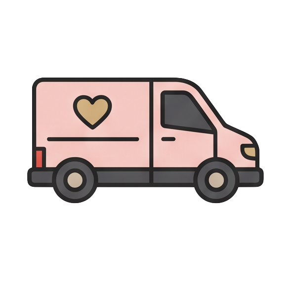 Cartoon pink van with a heart symbol on the side.
