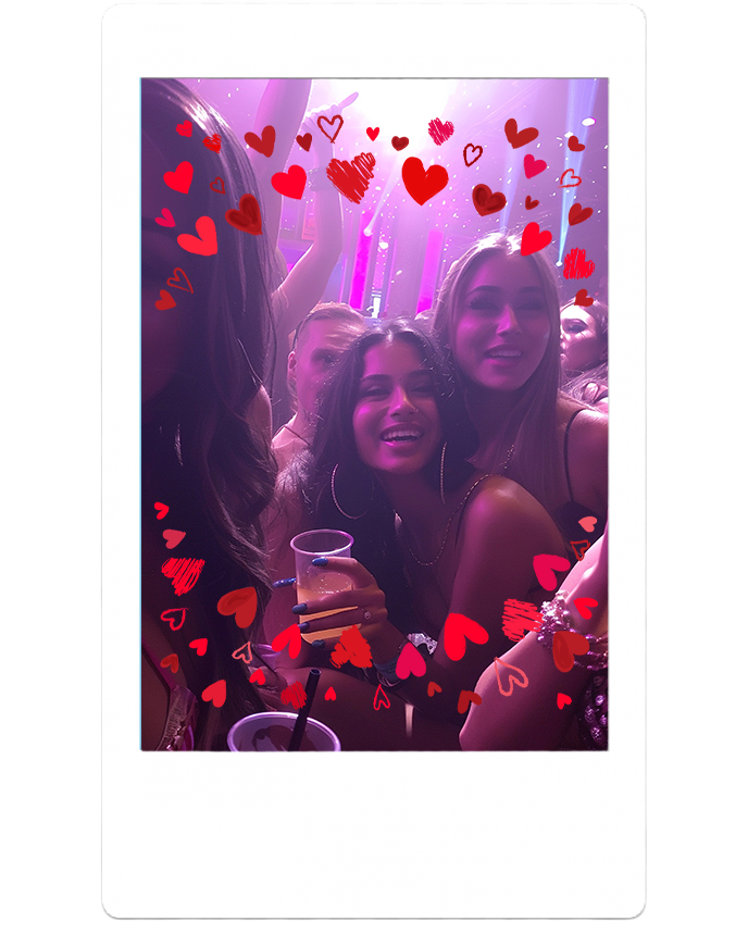 Group of young women at a party, smiling and holding drinks, with animated red heart overlays on the photo, set against a colorful, lighting-filled background.