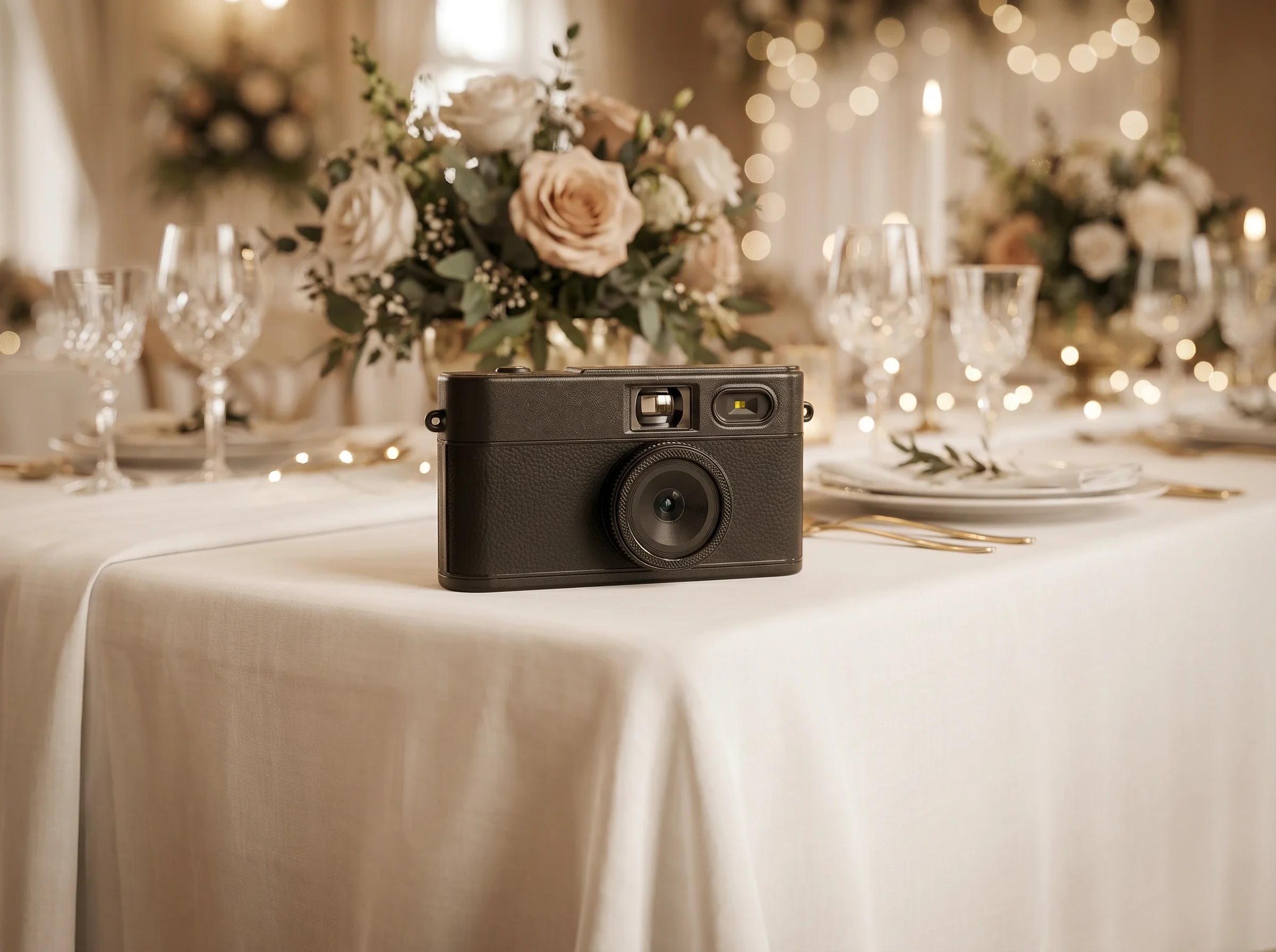 A camera placed on a banquet table with floral centerpieces and glassware, set for a formal event in a decorated room.