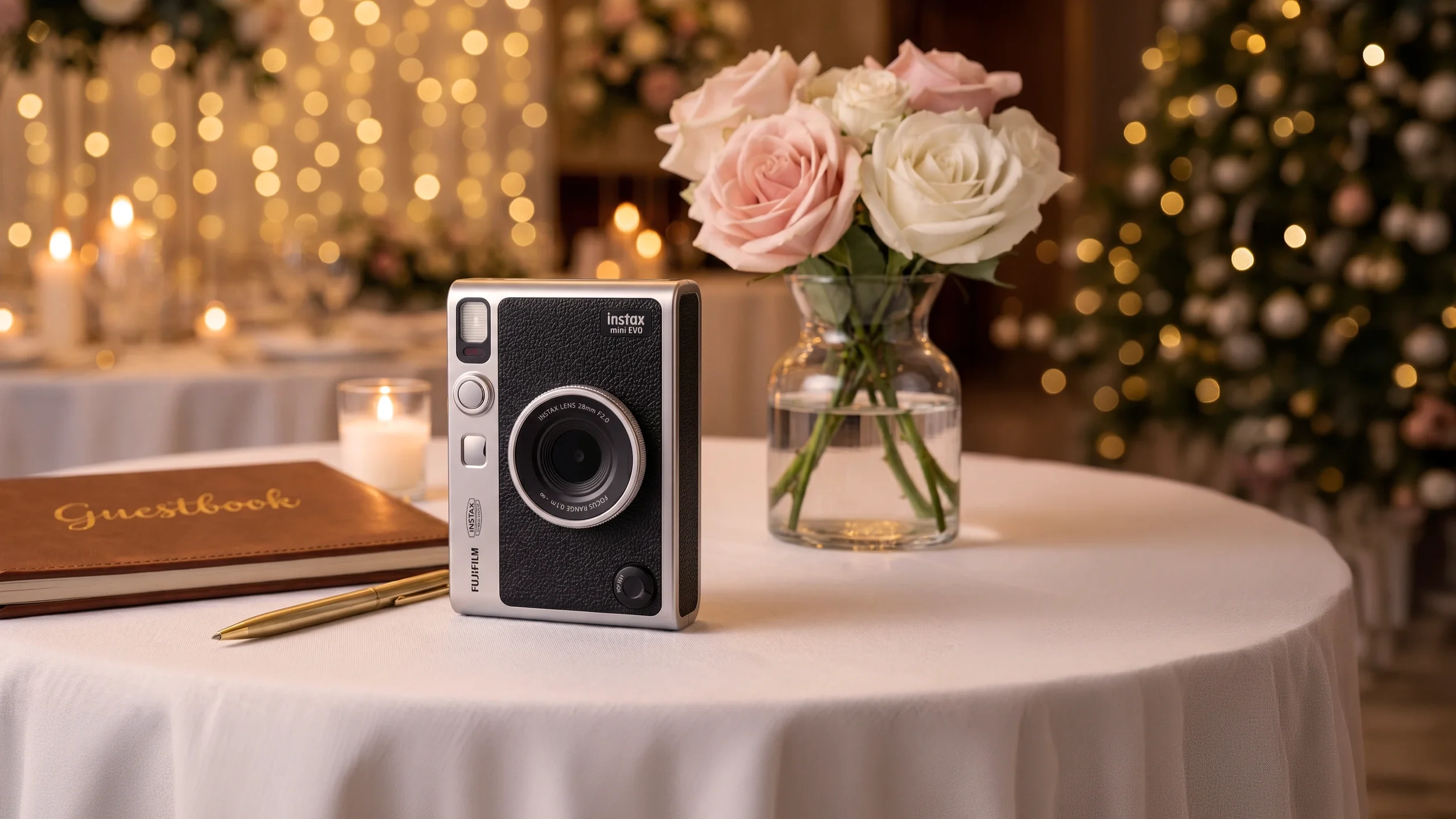 A vintage instant camera, a guestbook, a gold pen, a vase with pink and white roses, and a lit candle on a table at a decorated event with soft lighting and fairy lights in the background.