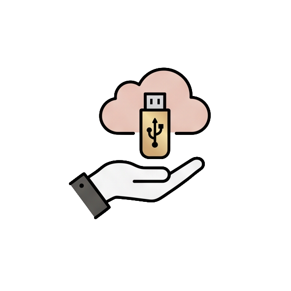 An illustration of a hand holding a cloud with a USB flash drive inside it, symbolizing cloud storage or data transfer.