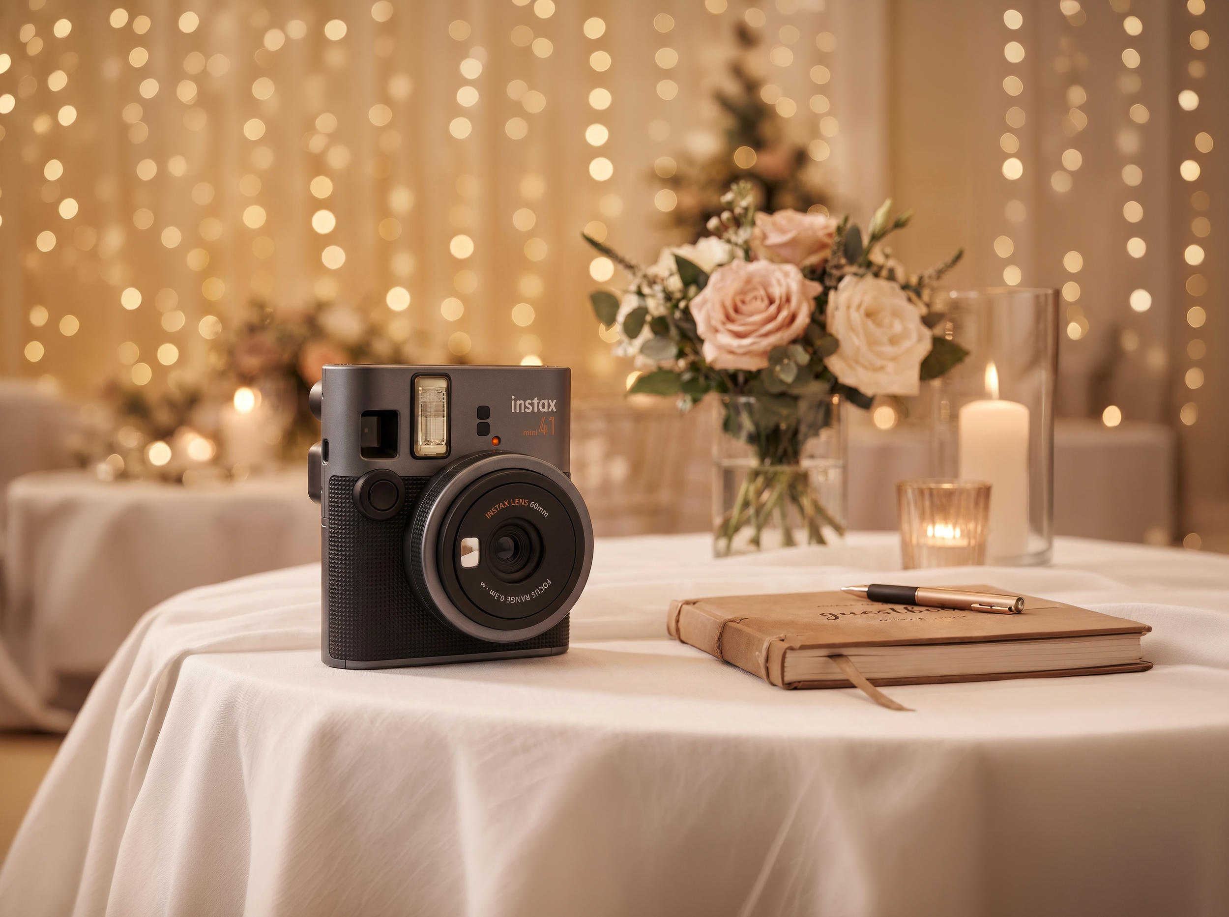 A close-up of a vintage instant camera sitting on a table with a bouquet of roses and candles, with a background of warm string lights creating a festive atmosphere.