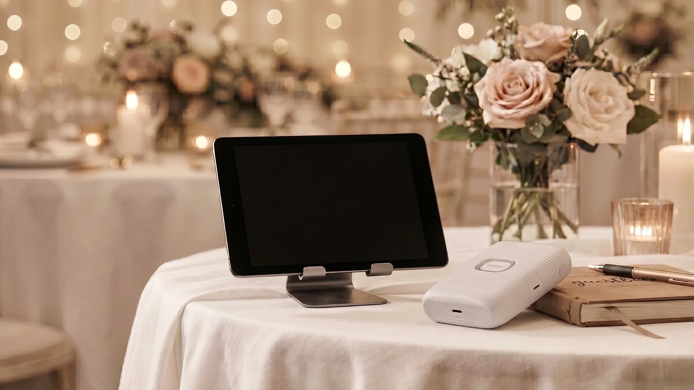 Table setting with a floral centerpiece, a tablet, a portable speaker, a pen, a book, and a candle, at an event.