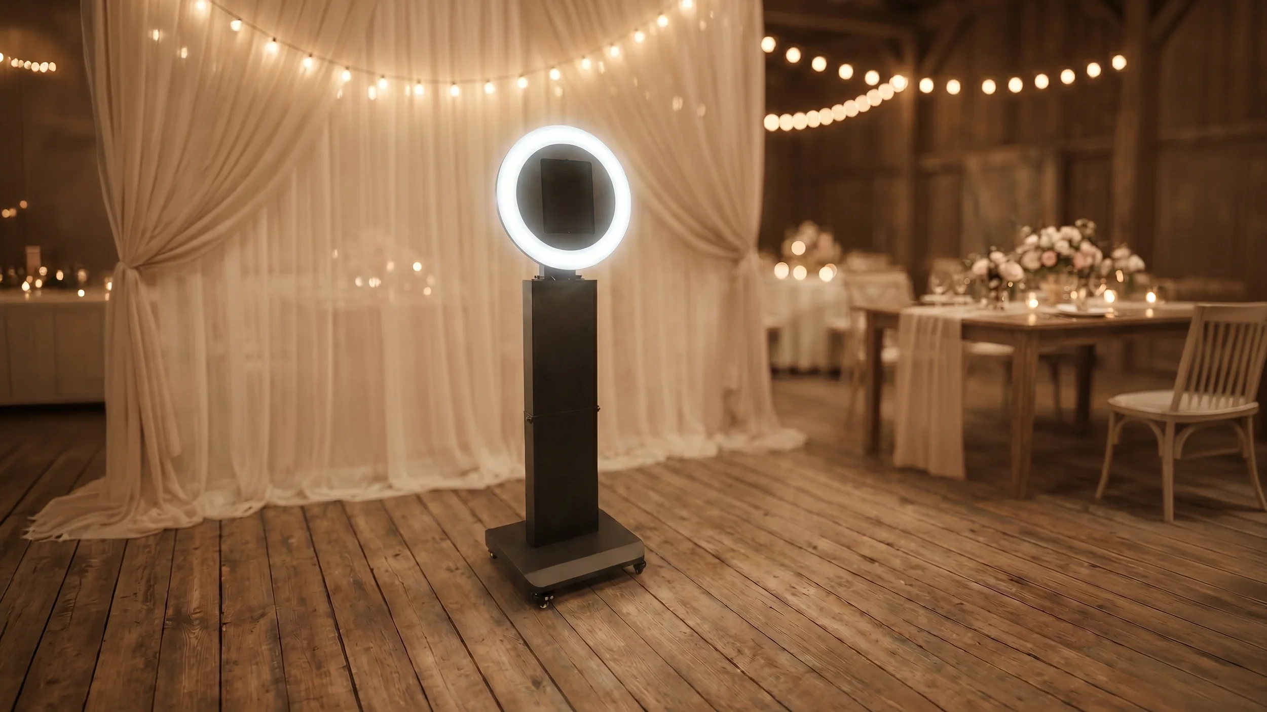 A photo booth with a black stand and a circular lighted mirror in a cozy, rustic event space decorated with string lights and floral arrangements.