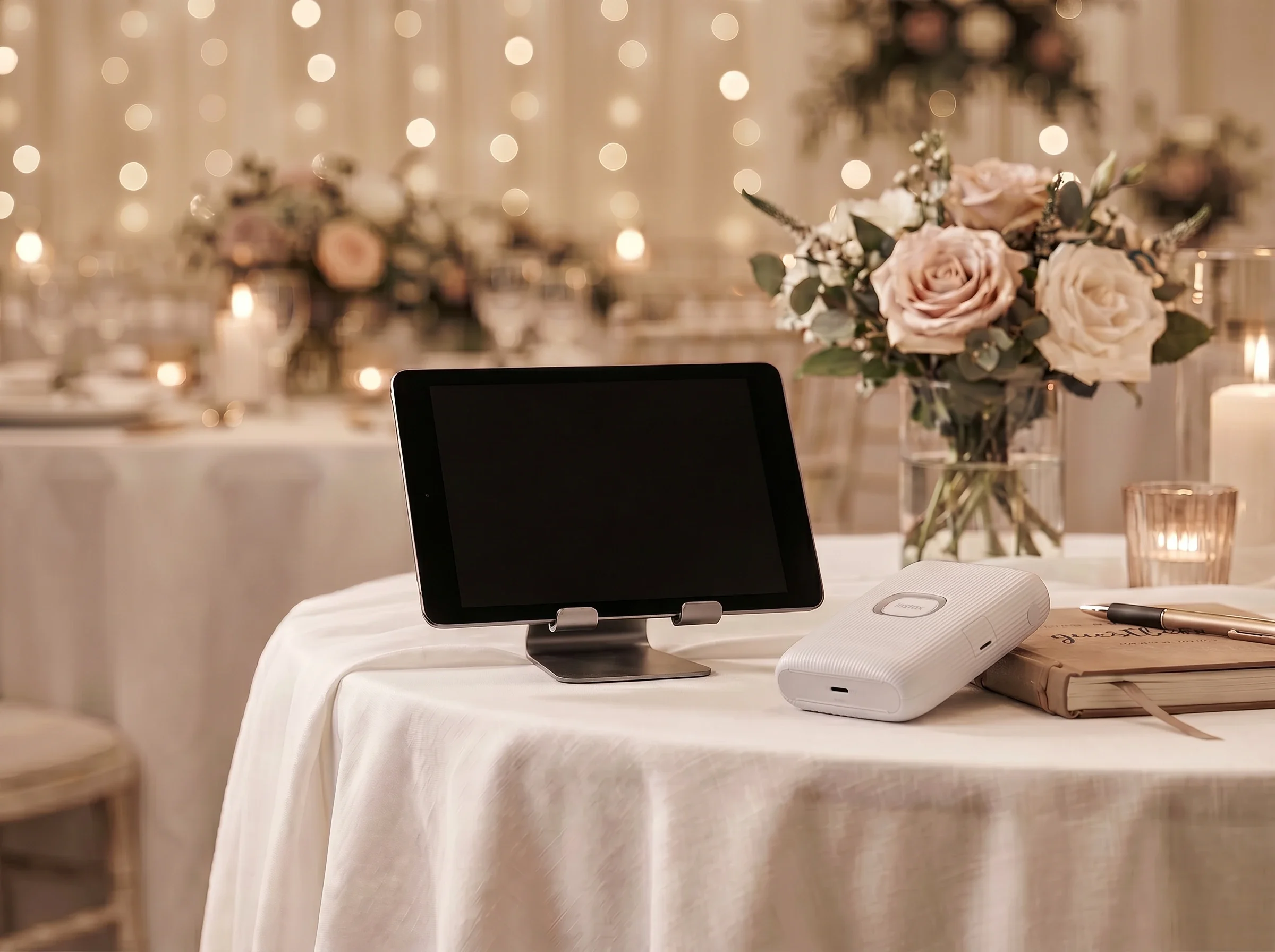 A table set for a formal event with a large bouquet of pink roses and greenery, elegant candles, and a tablet on a stand, with blurred warm lights in the background.