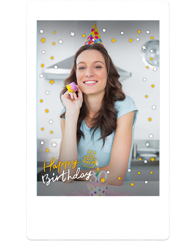 A woman wearing a birthday hat smiling at a birthday party with decorations, a cupcake, and a birthday cake graphic on the photo that says 'Happy Birthday'.