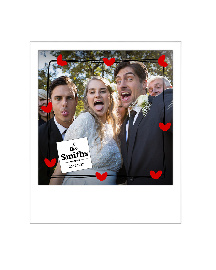 Photo of a wedding with four people, including a bride and groom, making funny faces, framed with red hearts and a sign that reads "the Smiths, 20.12.2027."
