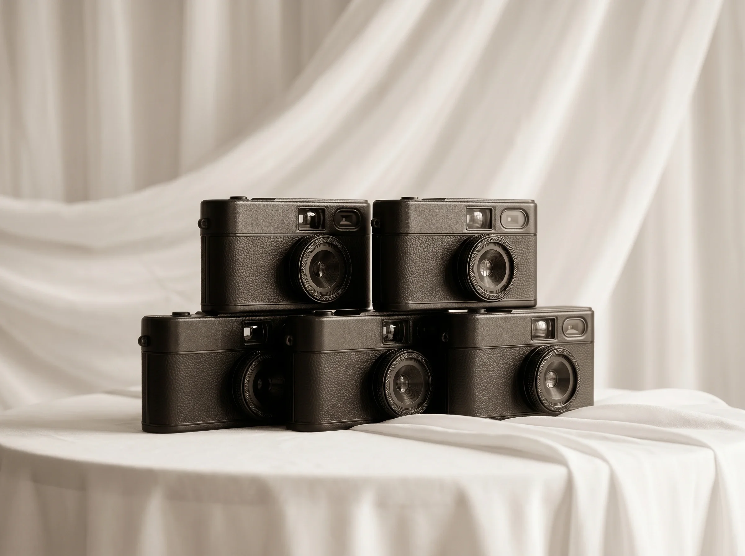 Two vintage black cameras with textured bodies and large round lenses, stacked on top of each other on a white fabric surface with a white fabric backdrop.
