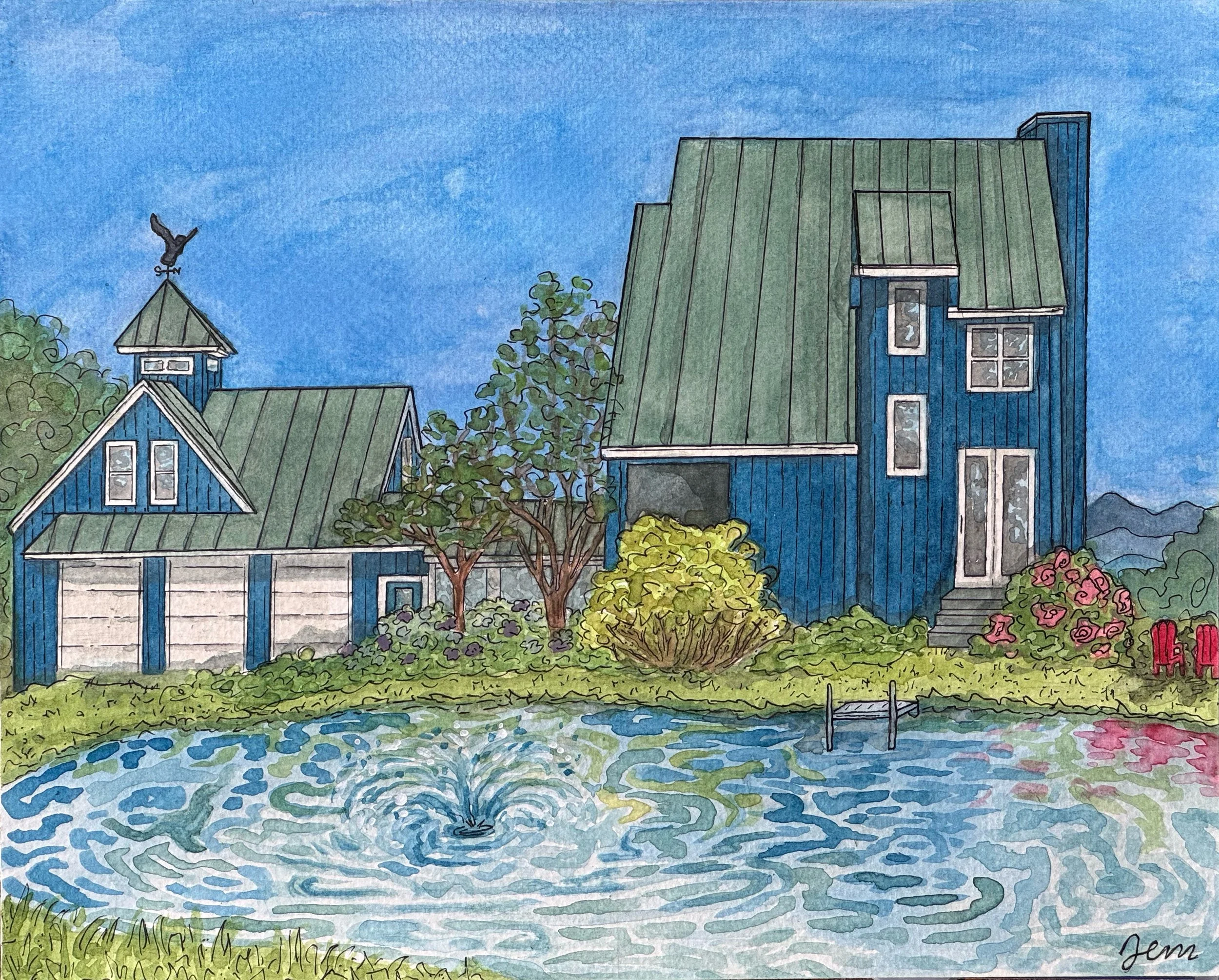 A colorful watercolor illustration of a mountain property with a modern house surrounded by trees, with a pond and a fountain in the foreground, under a blue sky. Two red Adirondack chairs face the mountain range.