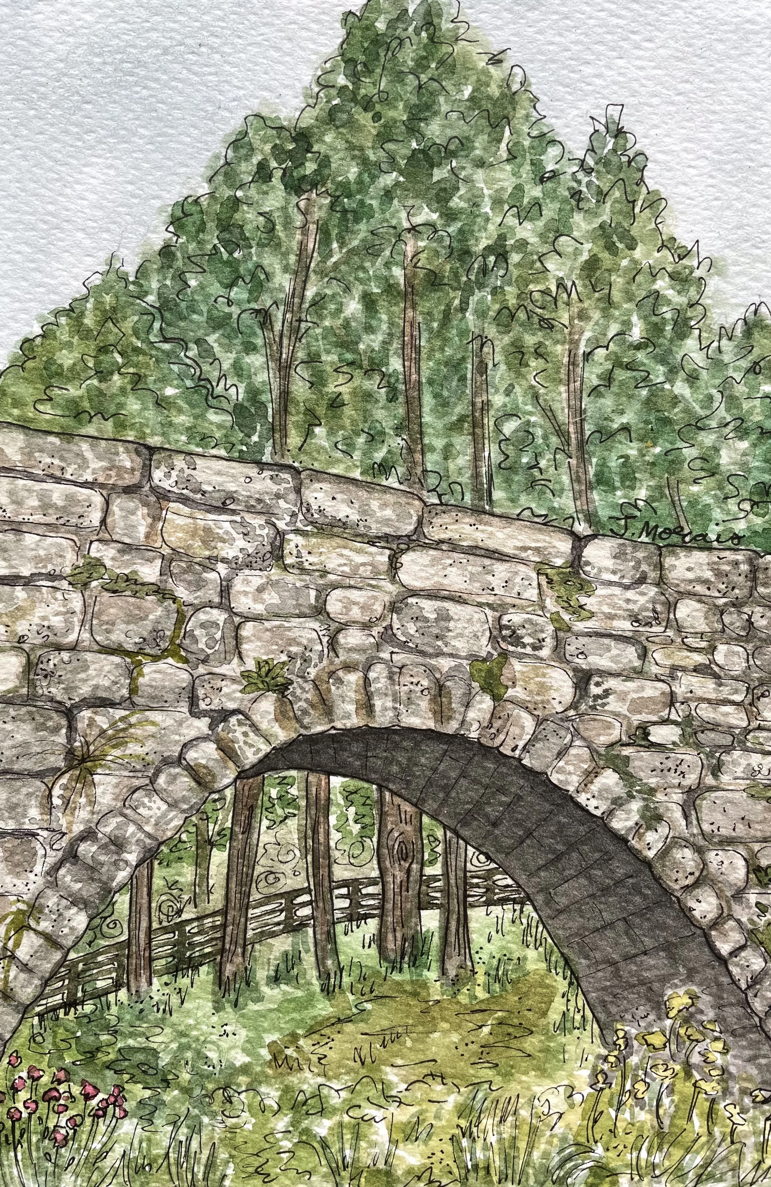 Watercolor illustration of a stone bridge over a lush green forest pathway with pink flowers in the foreground.