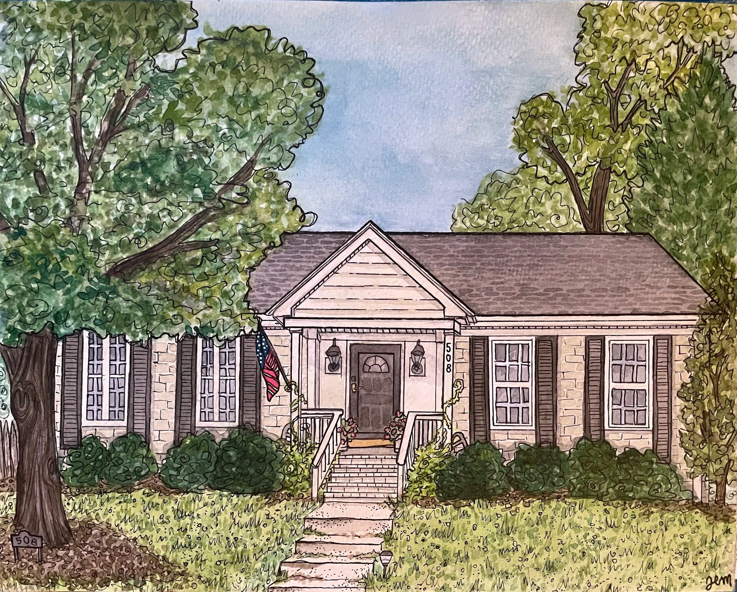 A watercolor illustration of a house surrounded by trees, with stairs leading up to the front door and an American flag near the entrance.