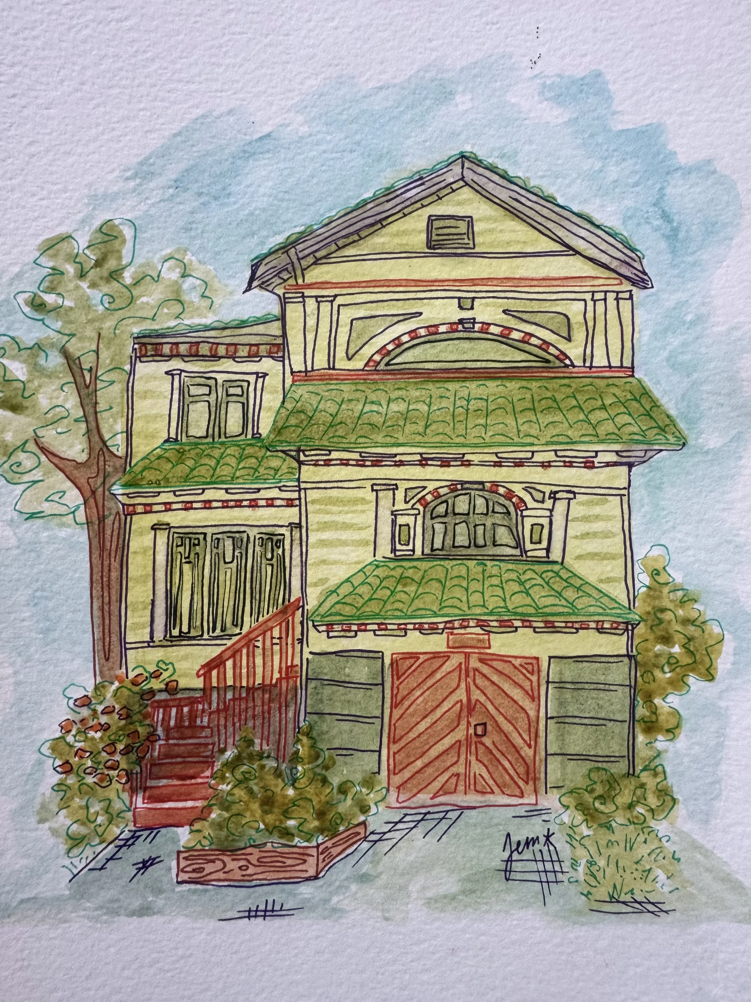 A watercolor and ink drawing of a three-story house with a green roof, set against a blue sky and trees. The house features detailed windows, a large front door, and a staircase leading up to the entrance, with plants and bushes surrounding it.