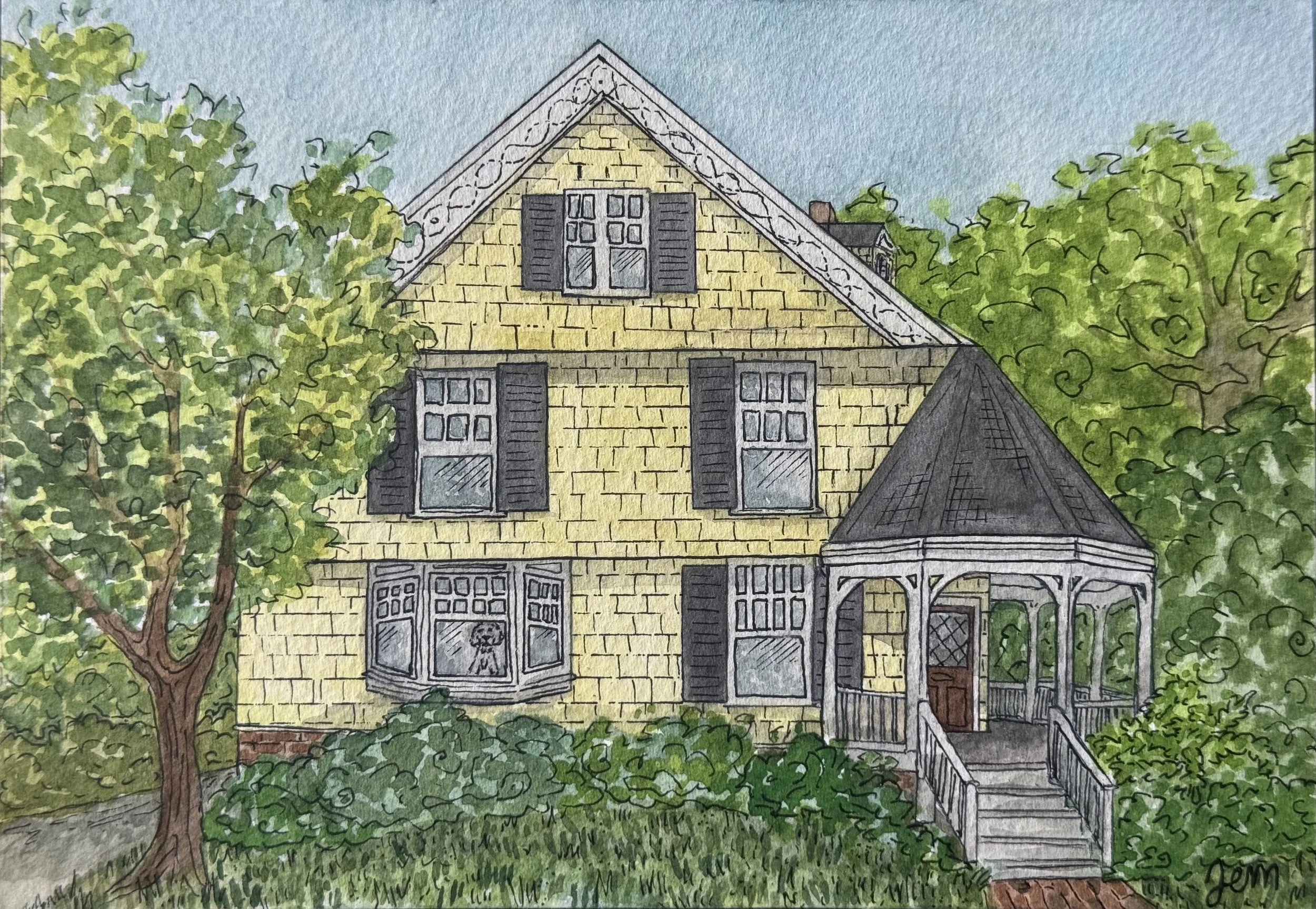 A watercolor painting of a yellow house with a pointed roof, black shutters, and a front porch surrounded by green trees and bushes.