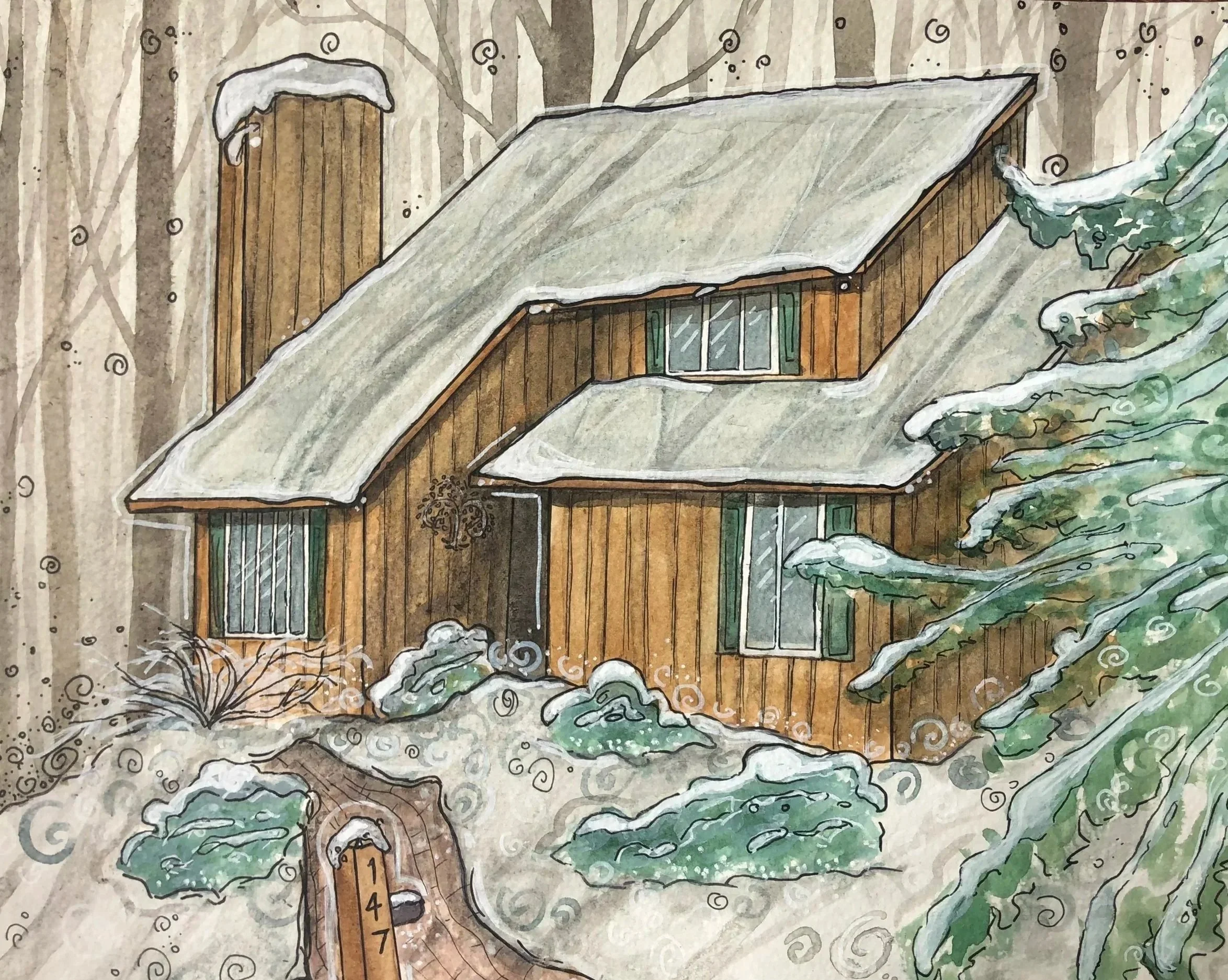 Watercolor illustration of a house with a snow-covered roof in a winter setting, surrounded by snow-covered trees and bushes.