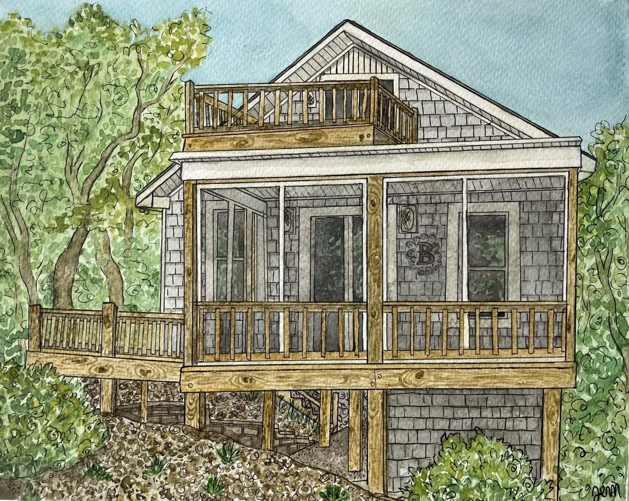 A watercolor drawing of the back of a house with a screened porch and a balcony on top. The house is surrounded by trees and bushes.