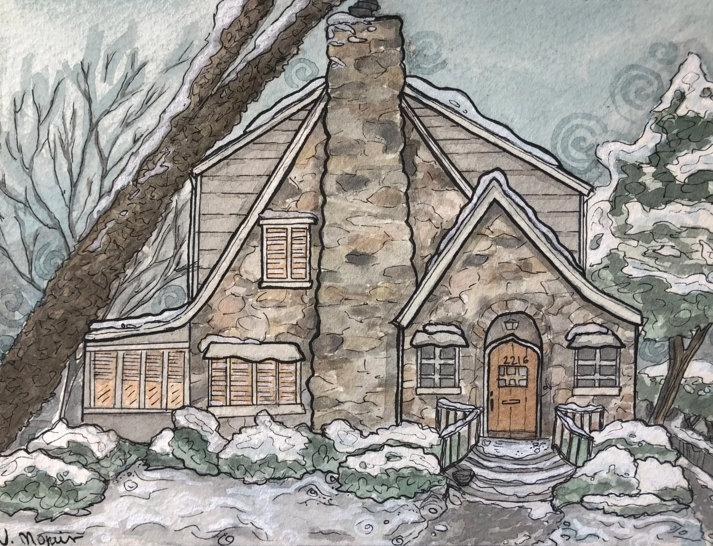 A watercolor painting of a house with a snow-covered roof and chimney, surrounded by snow and trees, with a snow-covered path leading to the front door.