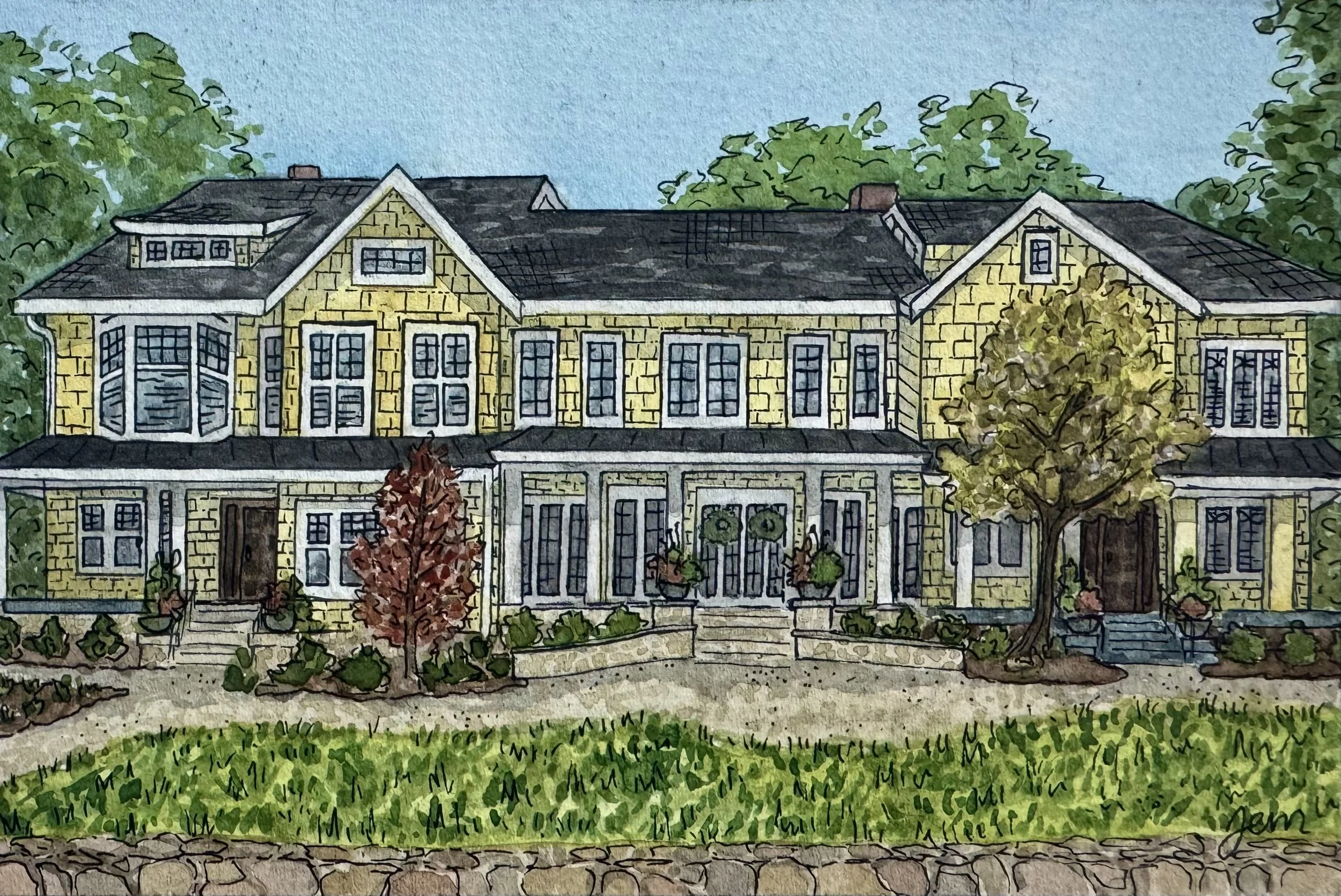 Watercolor illustration of a yellow, multi-story house with white trim, multiple windows, a front porch, and surrounded by trees, shrubs, and a green lawn, with a blue sky in the background.