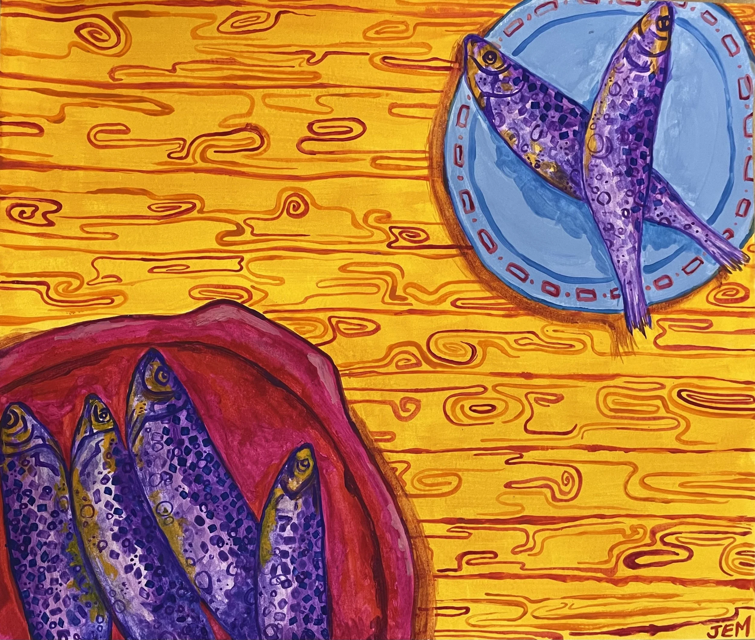 Vibrant interpretation of Portuguese sardines on traditional dishes, resting on a yellow wooden surface.