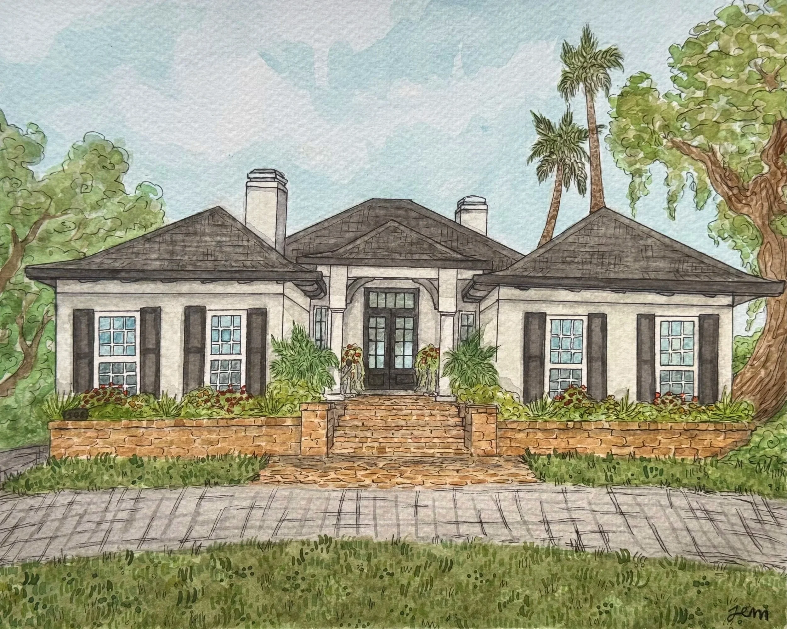 Watercolor painting of a modern house with large windows, a brick pathway leading up to the front door, surrounded by greenery, trees, and a brick wall in the foreground.