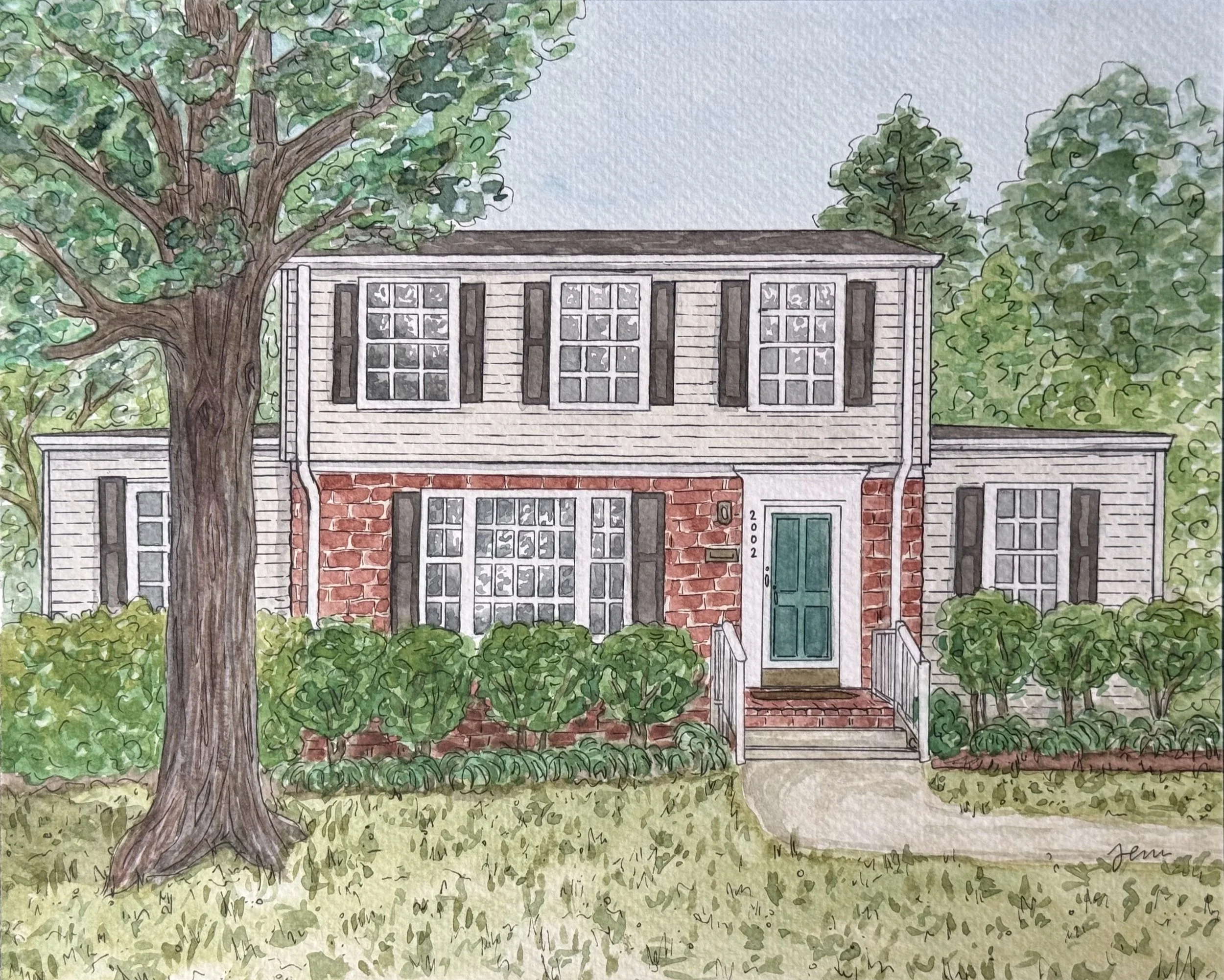 A watercolor painting of a house with gray siding and brick front, surrounded by green trees and bushes, with a front porch and a green door. A large tree with a thick trunk is in the foreground on the left side.