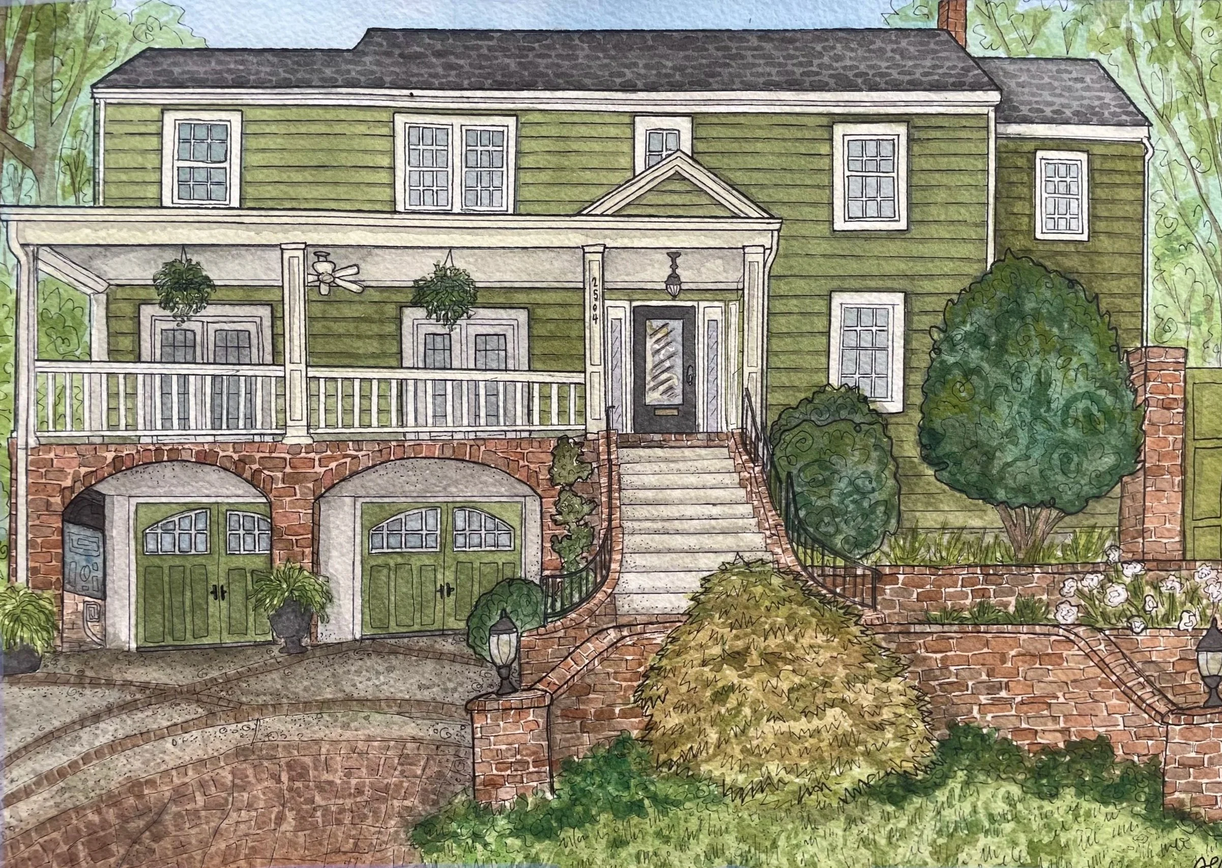 A watercolor illustration of a green, two-story house with a front porch, stairs, a brick archway, and surrounding garden with trees and bushes.