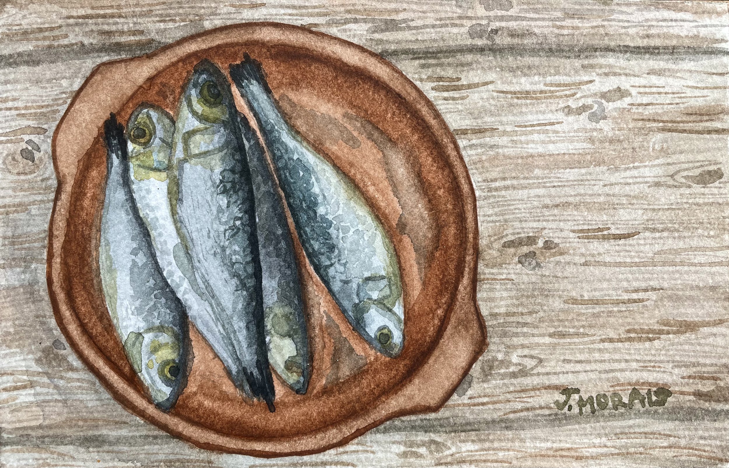 Watercolor painting of three sardines ready to grill on a traditional Portuguese dish, set on a wooden table.