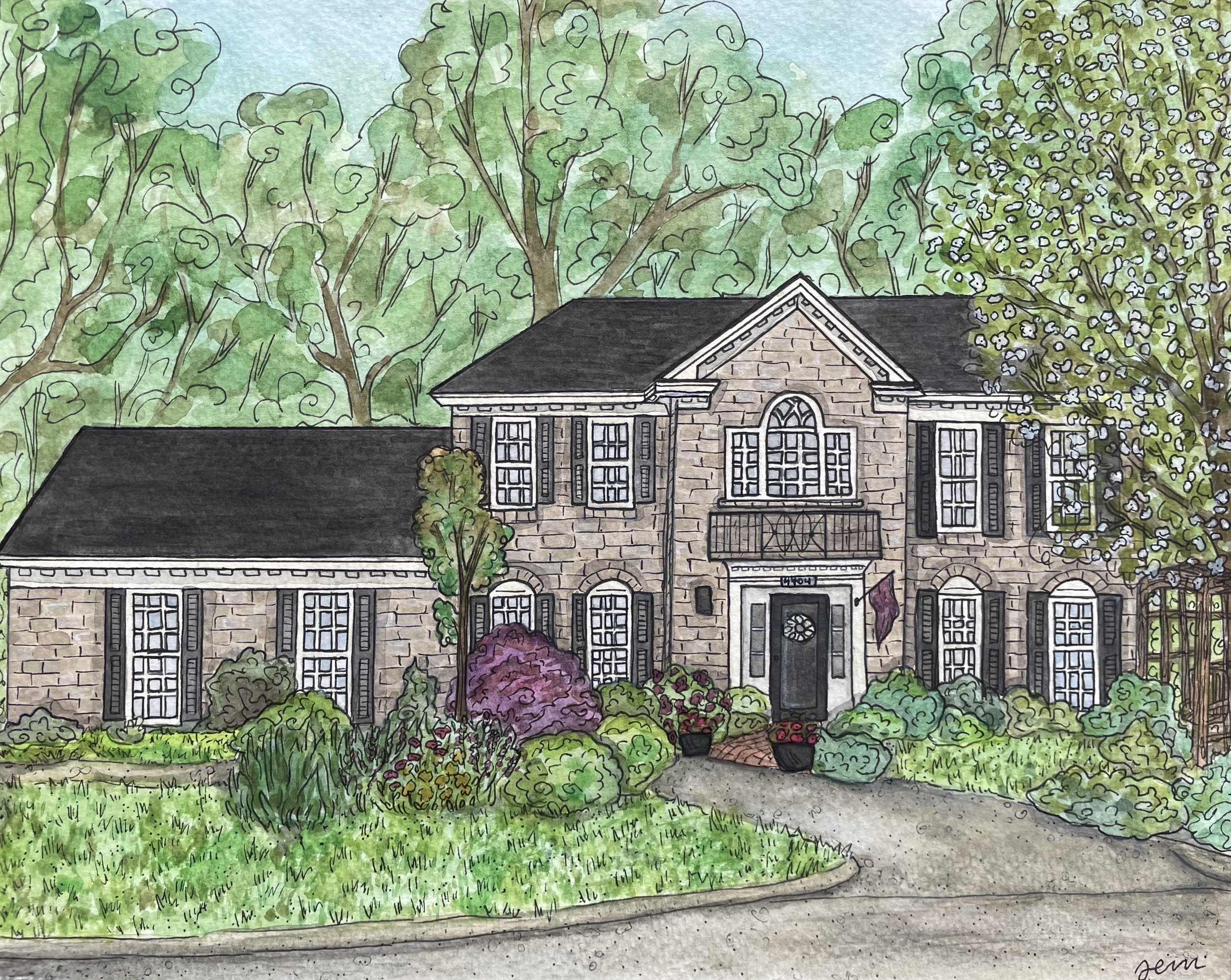 Watercolor illustration of a house with a landscaped yard, surrounded by green trees and flowering bushes.