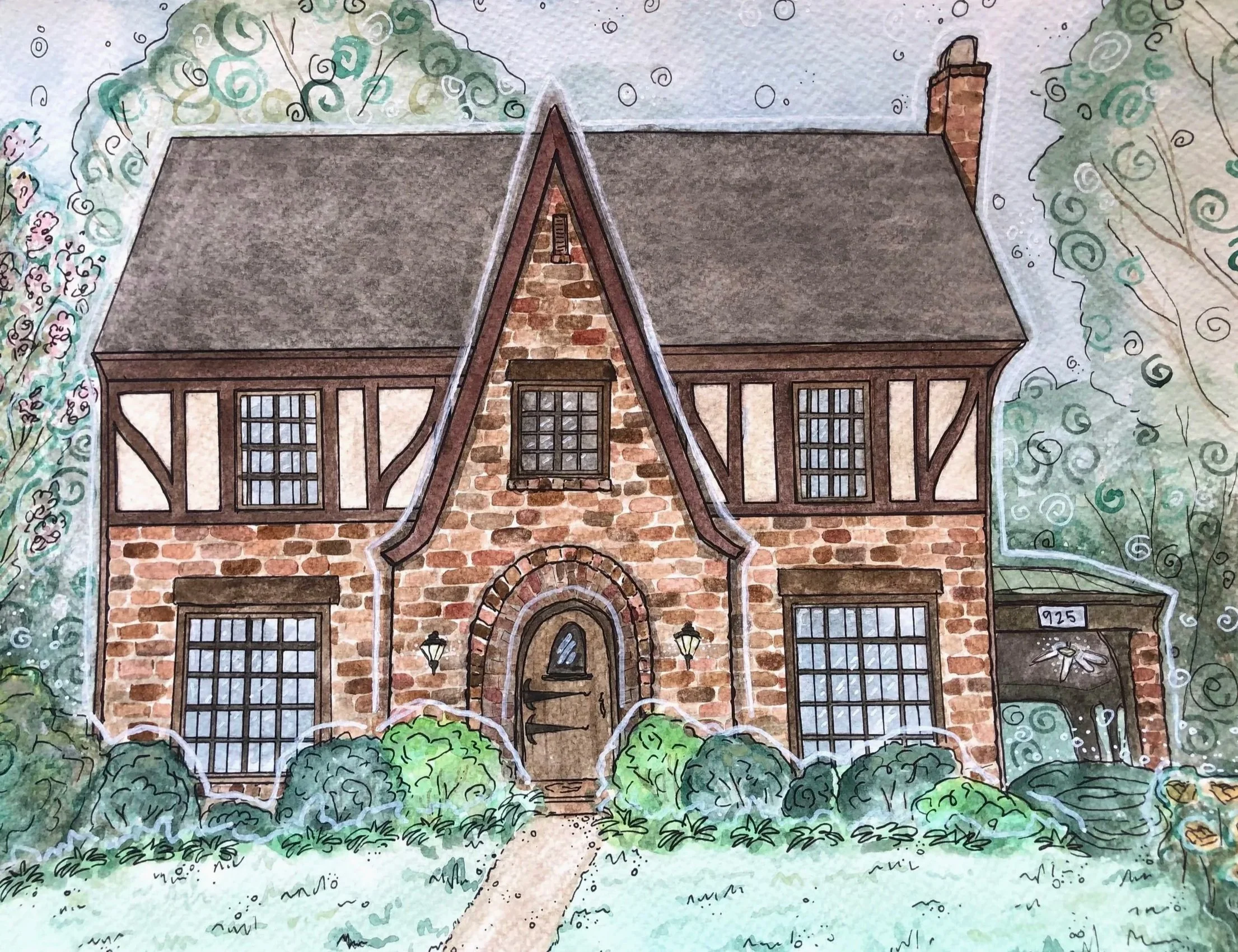 A watercolor illustration of a two-story brick house with a gable roof, front door, large window, and surrounding greenery including bushes and trees.