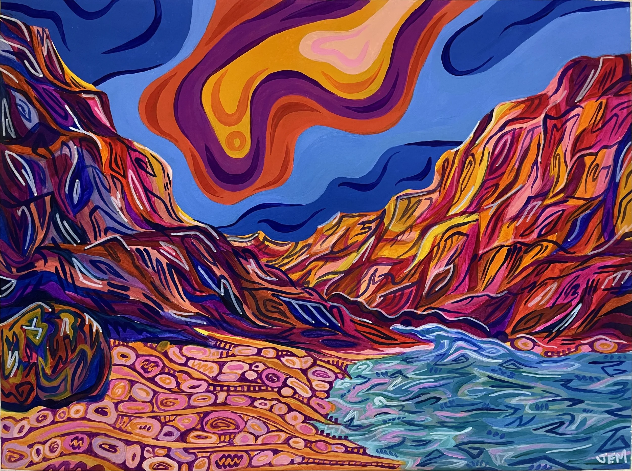 An abstract, colorful landscape painting depicting a scene in the Grand Canyon, featuring swirling colors and stylized natural forms, with canyons, sunset, and water depicted in bold lines and vibrant hues.