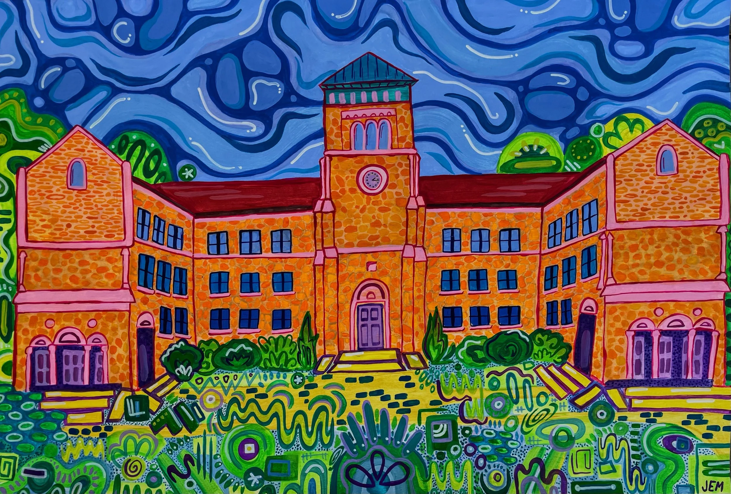 Colorful painting of a red brick high school, named "The Castle", with a clock tower, set against a vibrant blue sky with swirling patterns, and surrounded by green bushes and decorative patterns.