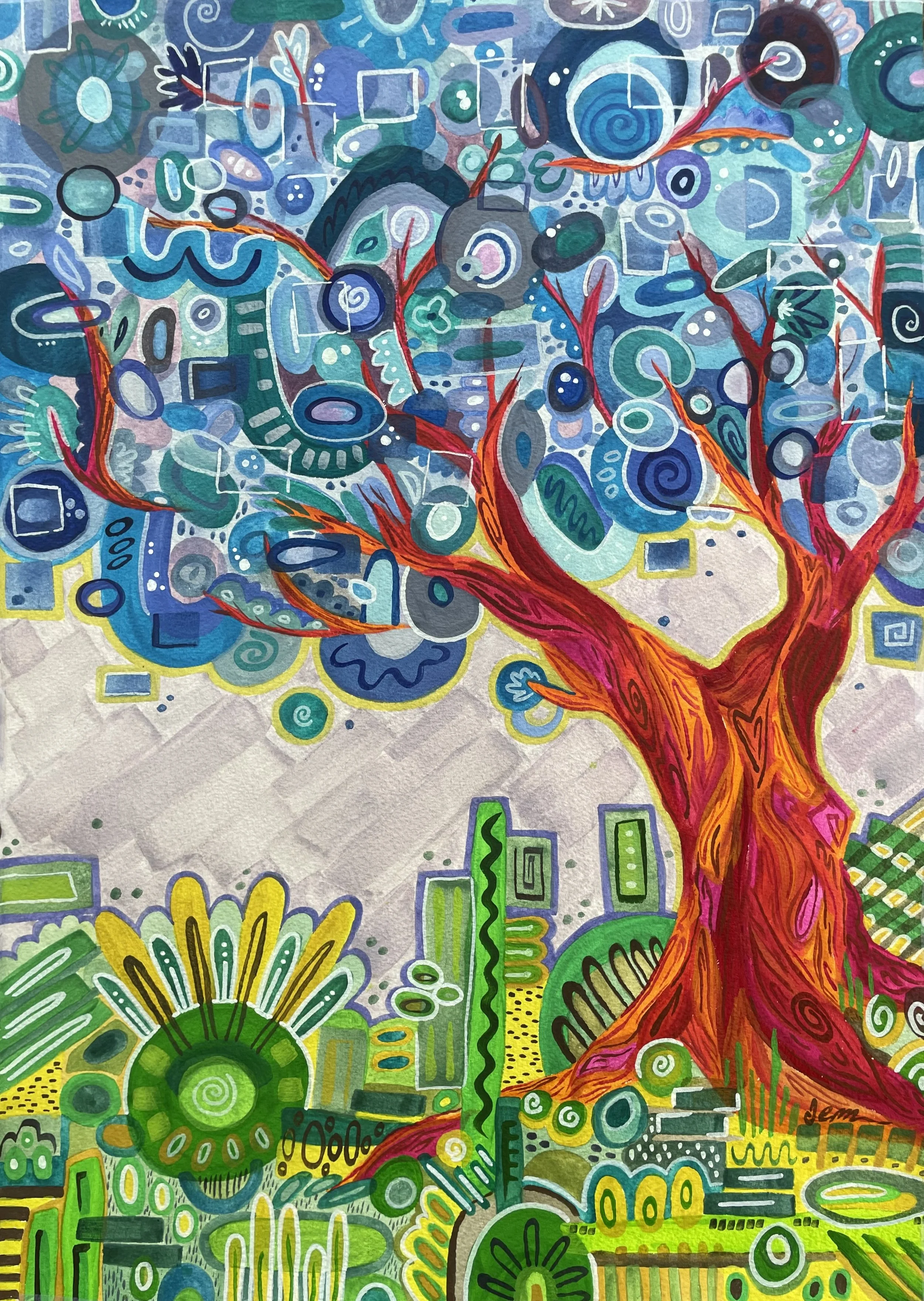 Abstract painting featuring a colorful tree with red and orange branches set against a vibrant background with geometric shapes, swirls, and patterns in shades of blue, green, yellow, and purple.