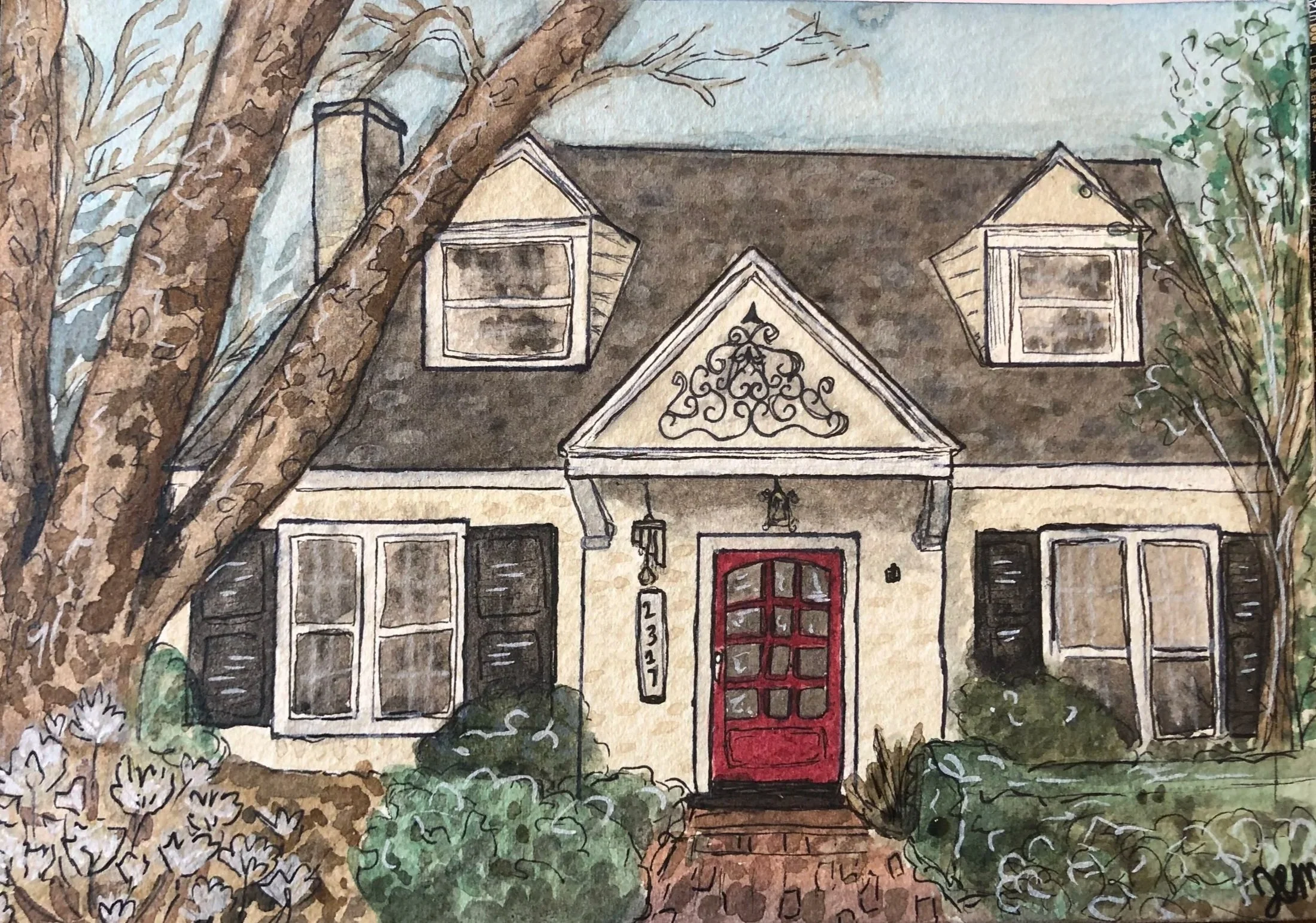 A watercolor painting of a house with a red door, surrounded by trees and greenery, with a decorative ironwork detail above the front porch.