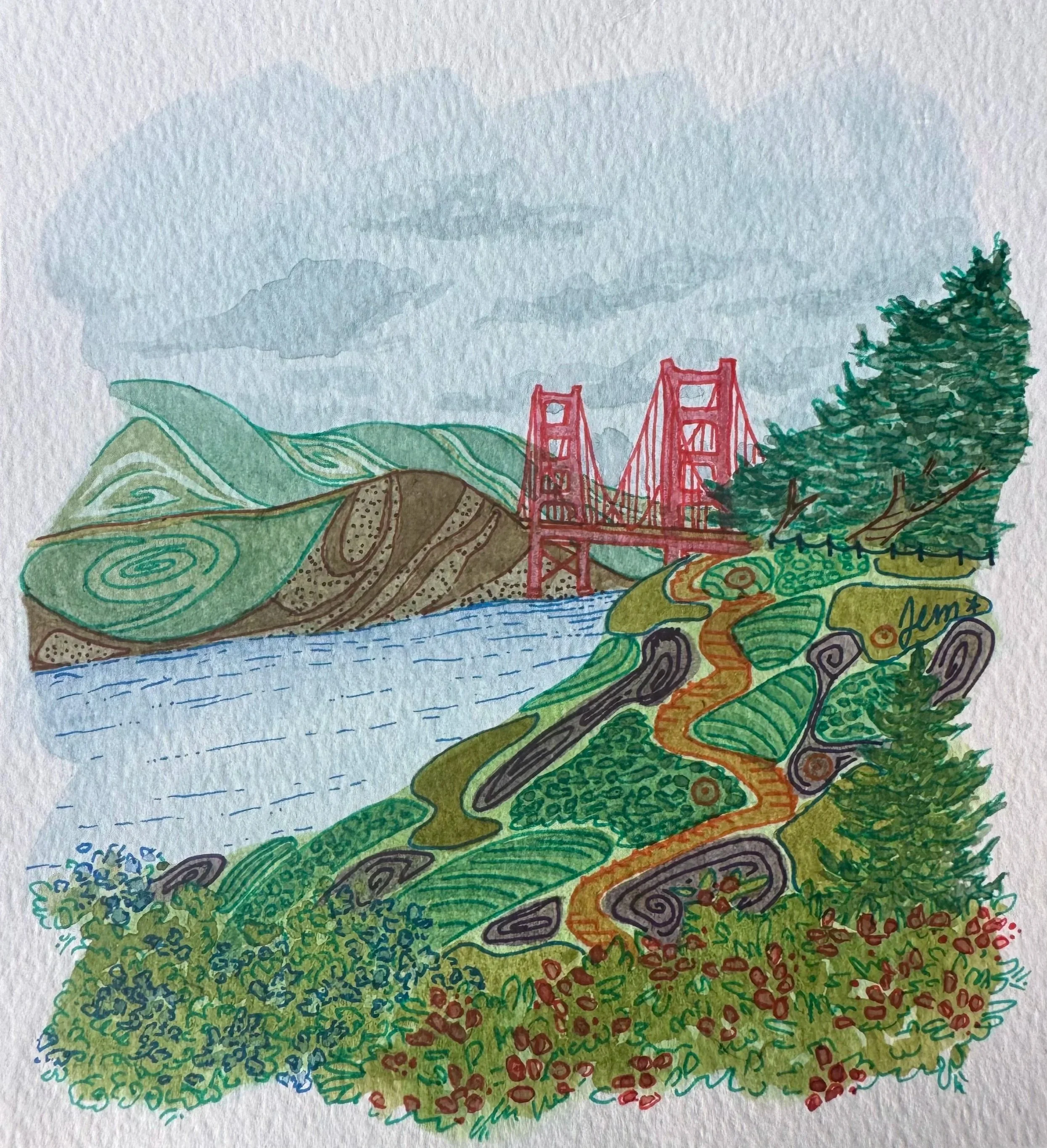 Colorful watercolor landscape of the Golden Gate Bridge with hills, trees, and a river.