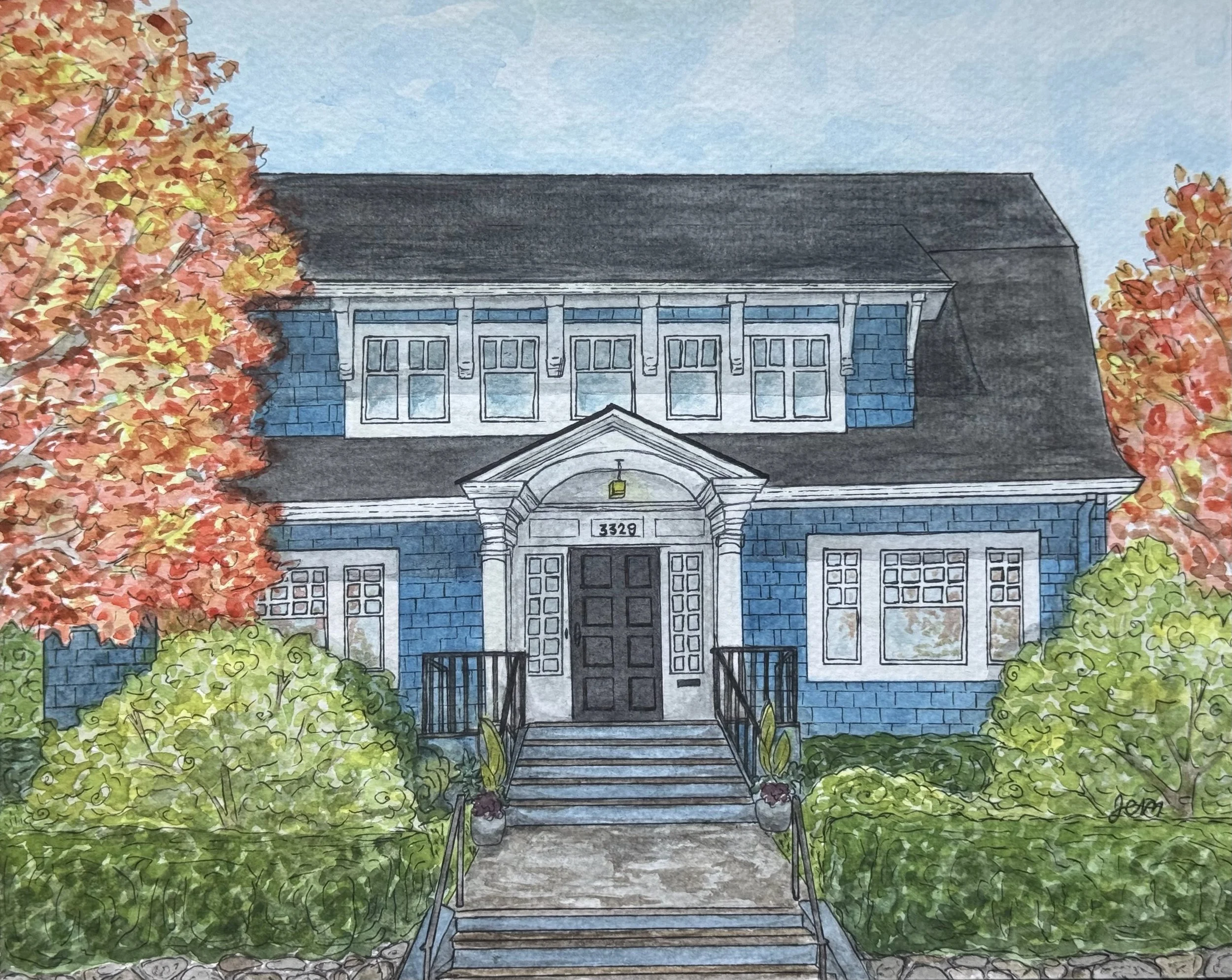 Watercolor illustration of a house surrounded by autumn trees with orange, yellow, and green leaves, and a stone pathway leading to the entrance.