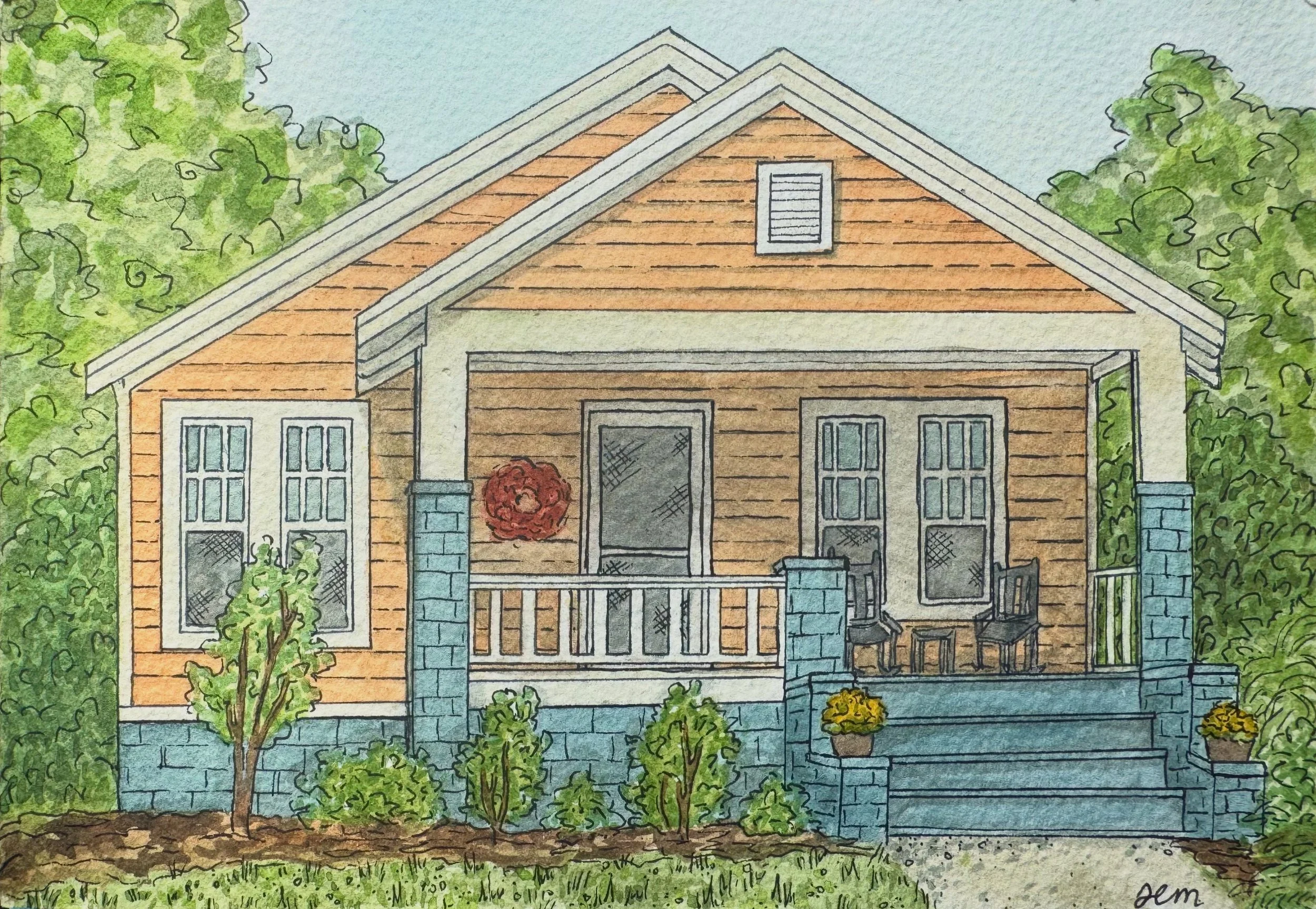 Watercolor illustration of a house with a front porch, surrounded by trees and bushes, with a grassy yard in the foreground.