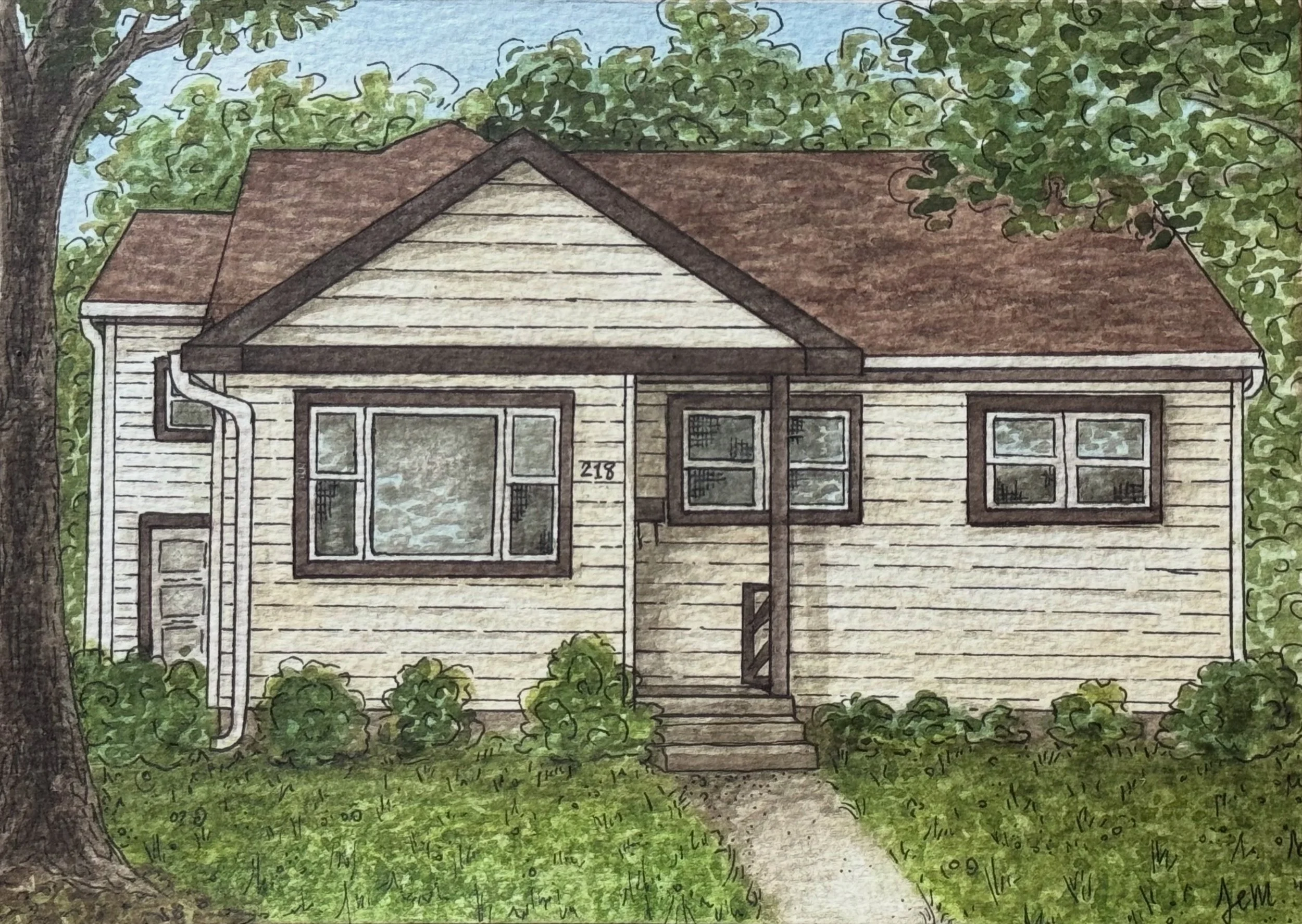 A watercolor painting of a small house with a gable roof, surrounded by green trees and bushes. The house has white siding and multiple windows, and there's a staircase leading to the front door.