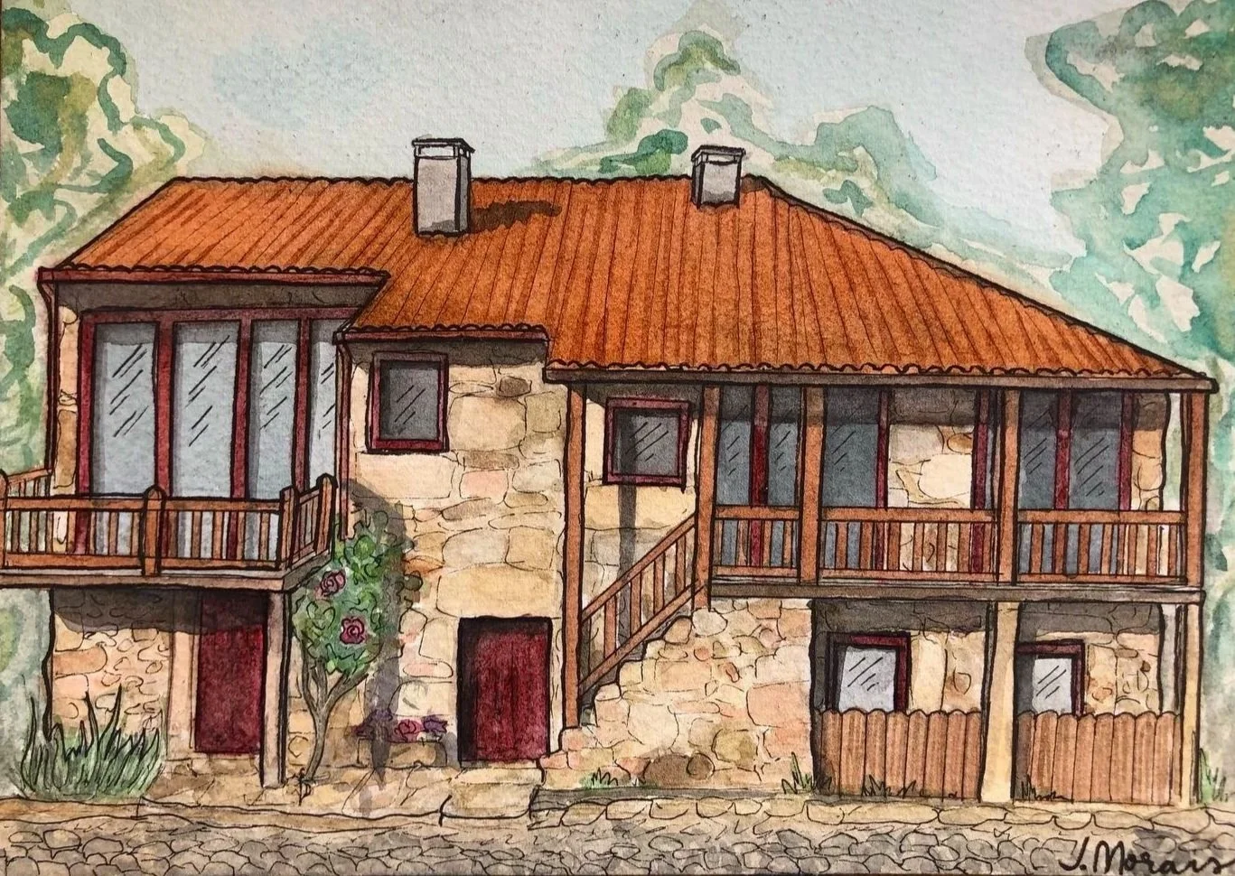 Watercolor painting of a Portuguese stone house with a red tiled roof, balconies, and windows, surrounded by greenery.