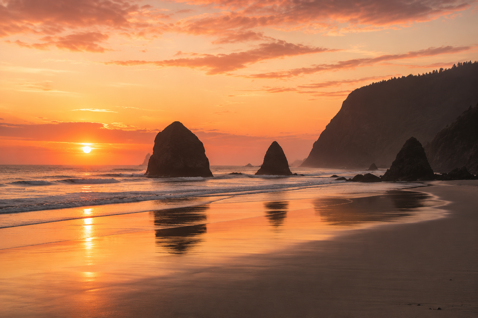 Sunset over a beach with orange and pink sky, large rock formations in the water, and mountains in the background. The wet sand reflects the colorful sky.