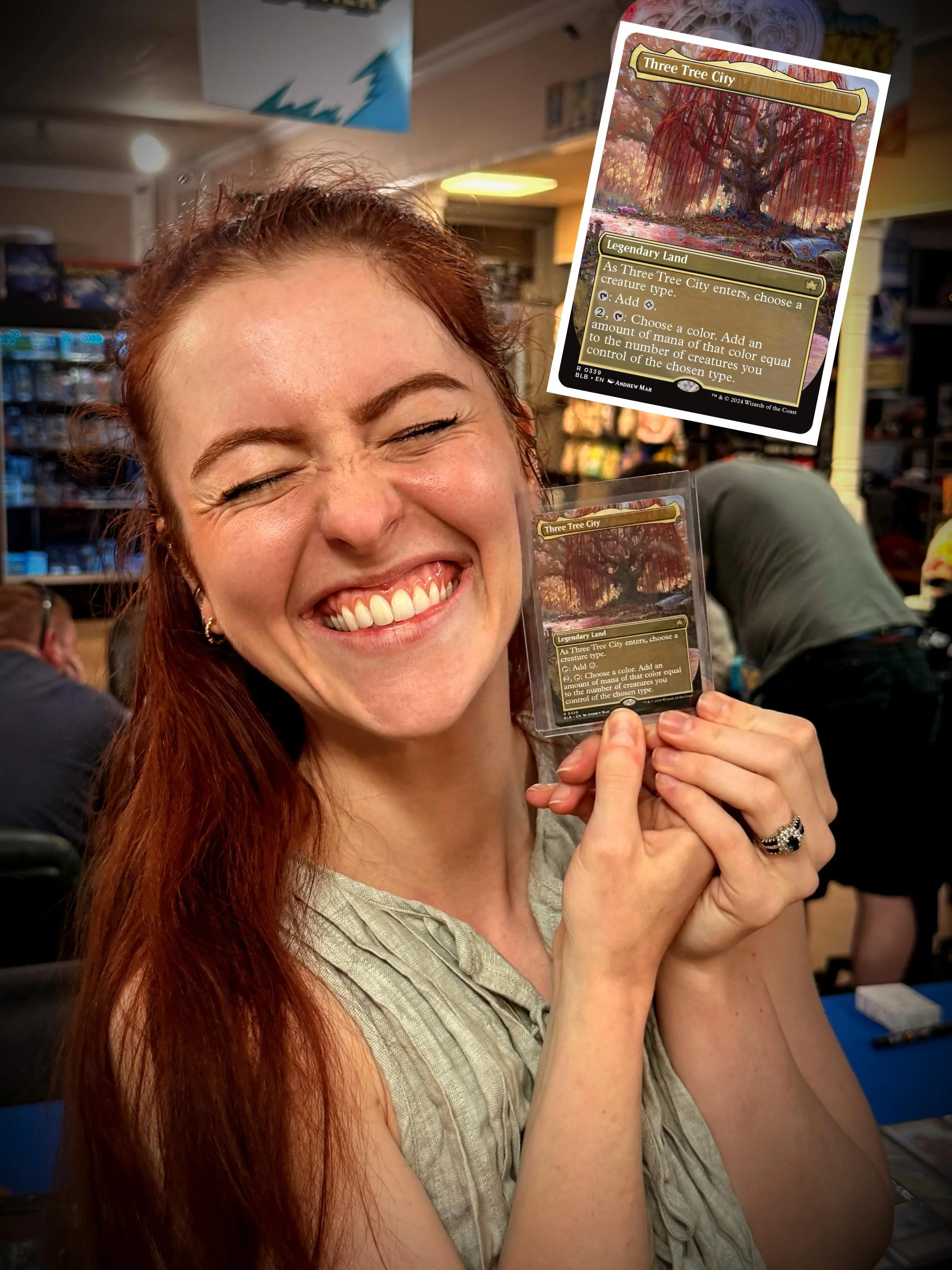 The always effervescent @nele.aline was all smiles as she color coordinated with a sweet card pulled from a Bloomburrow pack! @wizards_magic