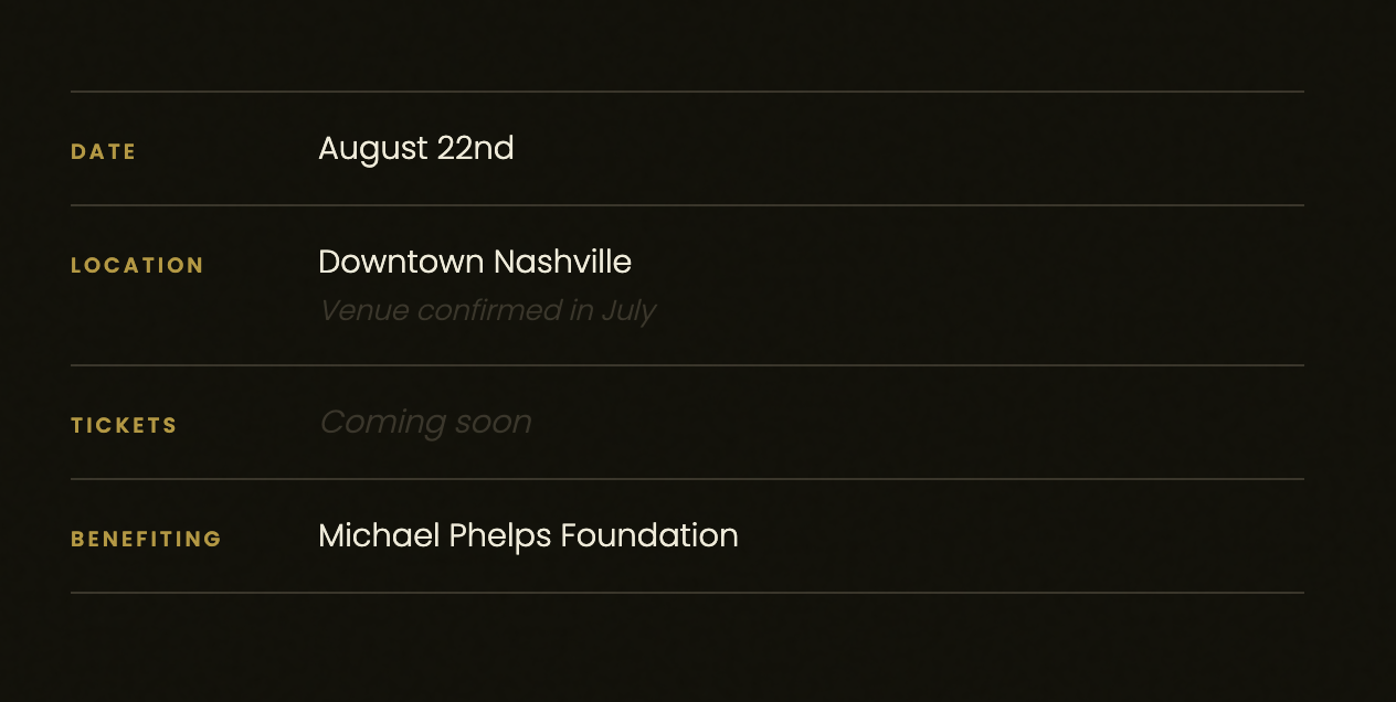 Event details showing date August 22nd, location Downtown Nashville, tickets coming soon, benefitting the Michael Phelps Foundation.