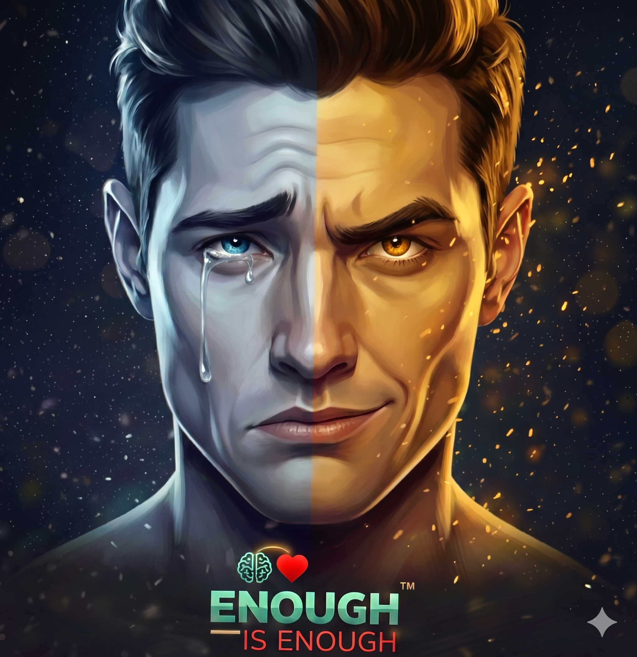 Digital art of two male faces side by side with contrasting colors and themes, one with a tear on the left and a golden hue with sparks on the right, with the text 'ENOUGH IS ENOUGH' below.