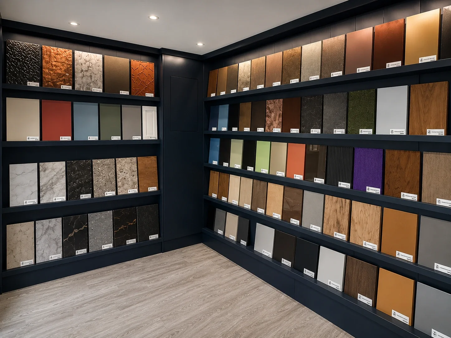 Wood and coating finish samples displayed in a showroom