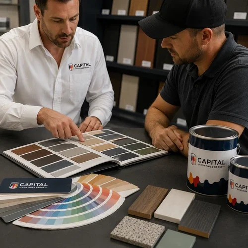 Coating specialists reviewing colour swatches and finish samples