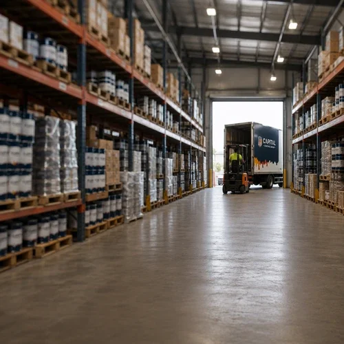 Warehouse shelves and a Capital Coatings delivery vehicle