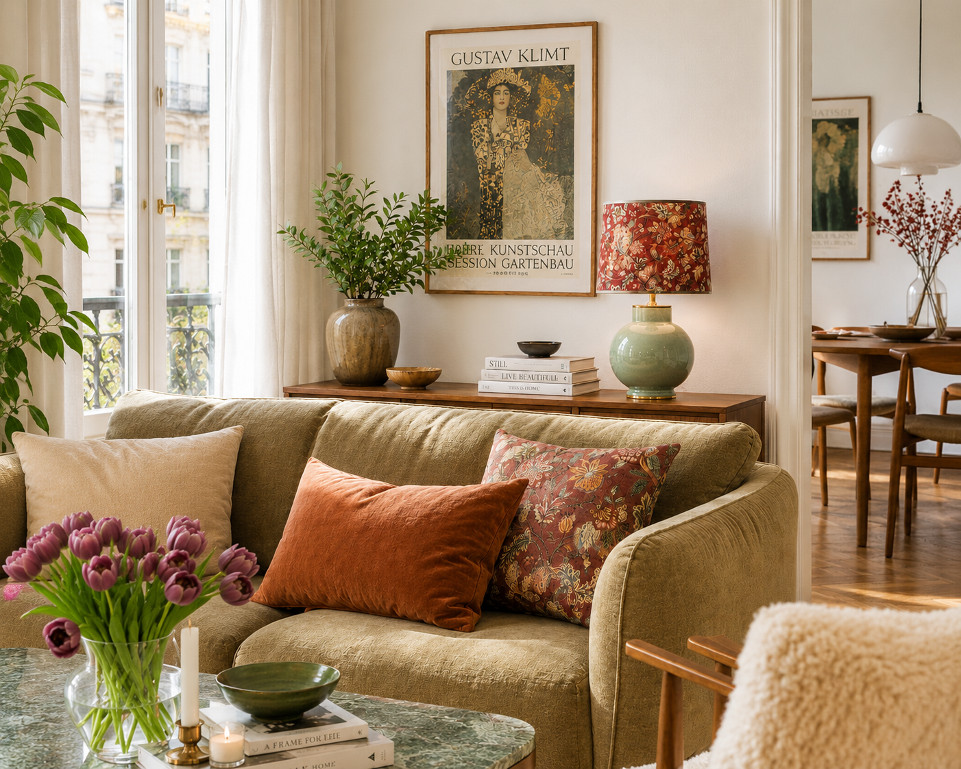 Wohnzimmer mit grünem Sofa, bunten Kissen, Blumen und Pflanzen, Holzsideboard mit Dekoration, Wandkunst und Lampen, Blick in den Essbereich mit Holztisch und Stühlen.