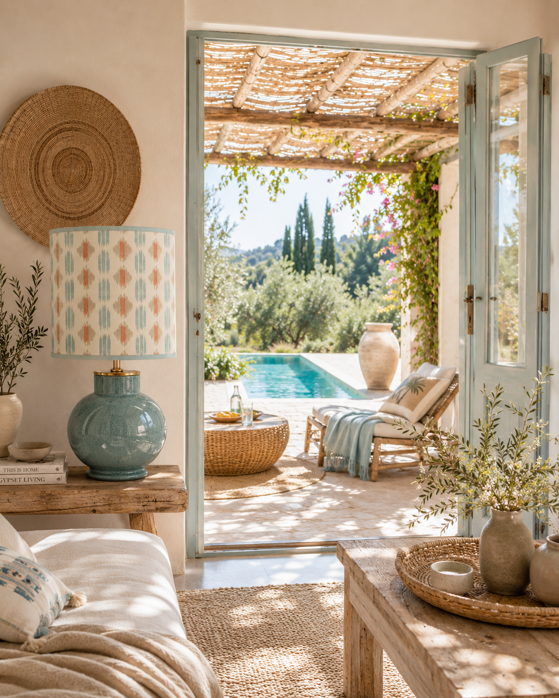 Blick von einem gemütlichen Innenraum auf eine Terrasse mit Pool und mediterranen Pflanzen im Freien, Sonne und blauer Himmel.
