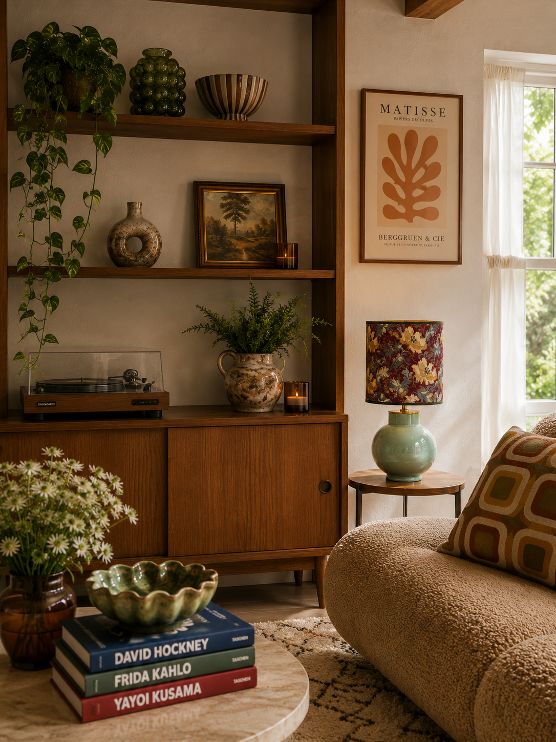 Gemütliches Wohnzimmer mit Holzregal, Vasen, Pflanzen, antikem Gemälde, Dübel, Platte mit Büchern, Lampe, Sofa und Fenster mit Vorhängen.