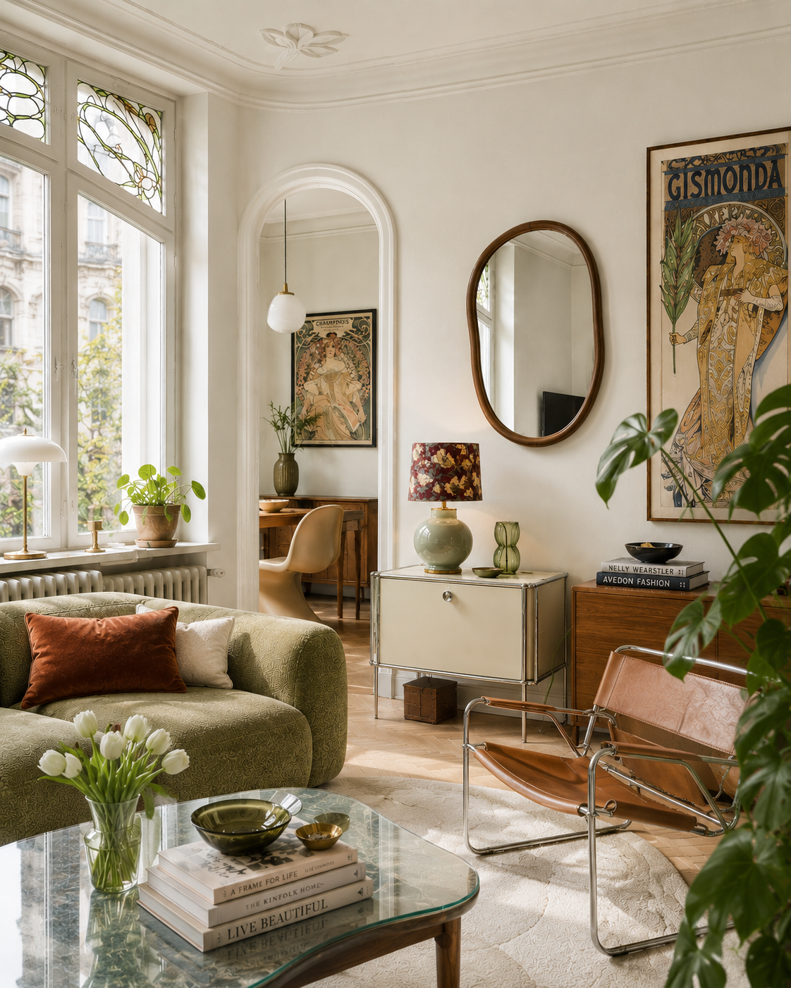 Elegant Wohnzimmer mit großen Fenstern, grüner Couch, Tisch mit Tulpen, Wandbilder, Spiegel, Lampen, Stühlen und Dekorationsgegenständen im Mid-Century Stil.